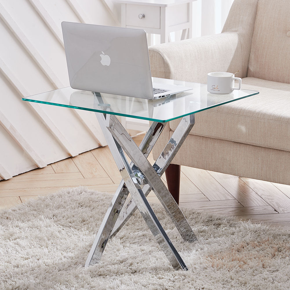 Breeins Square Tempered Glass Console Table With Chrome Cross Metal Base,55cm X 55cm H