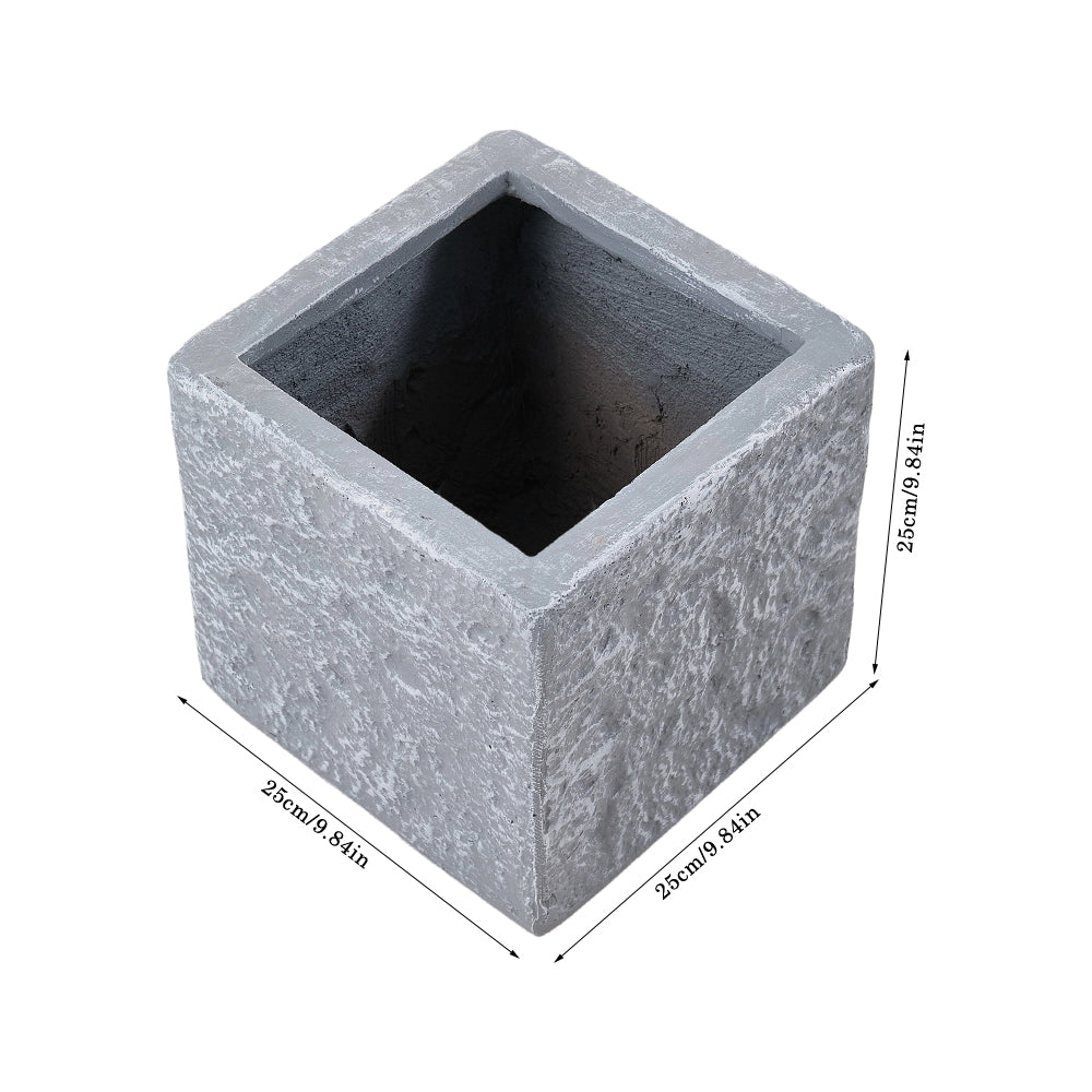 Cube Shaped Cement Planter Flower Pot With Drainage Holes | Small | Grey Granite