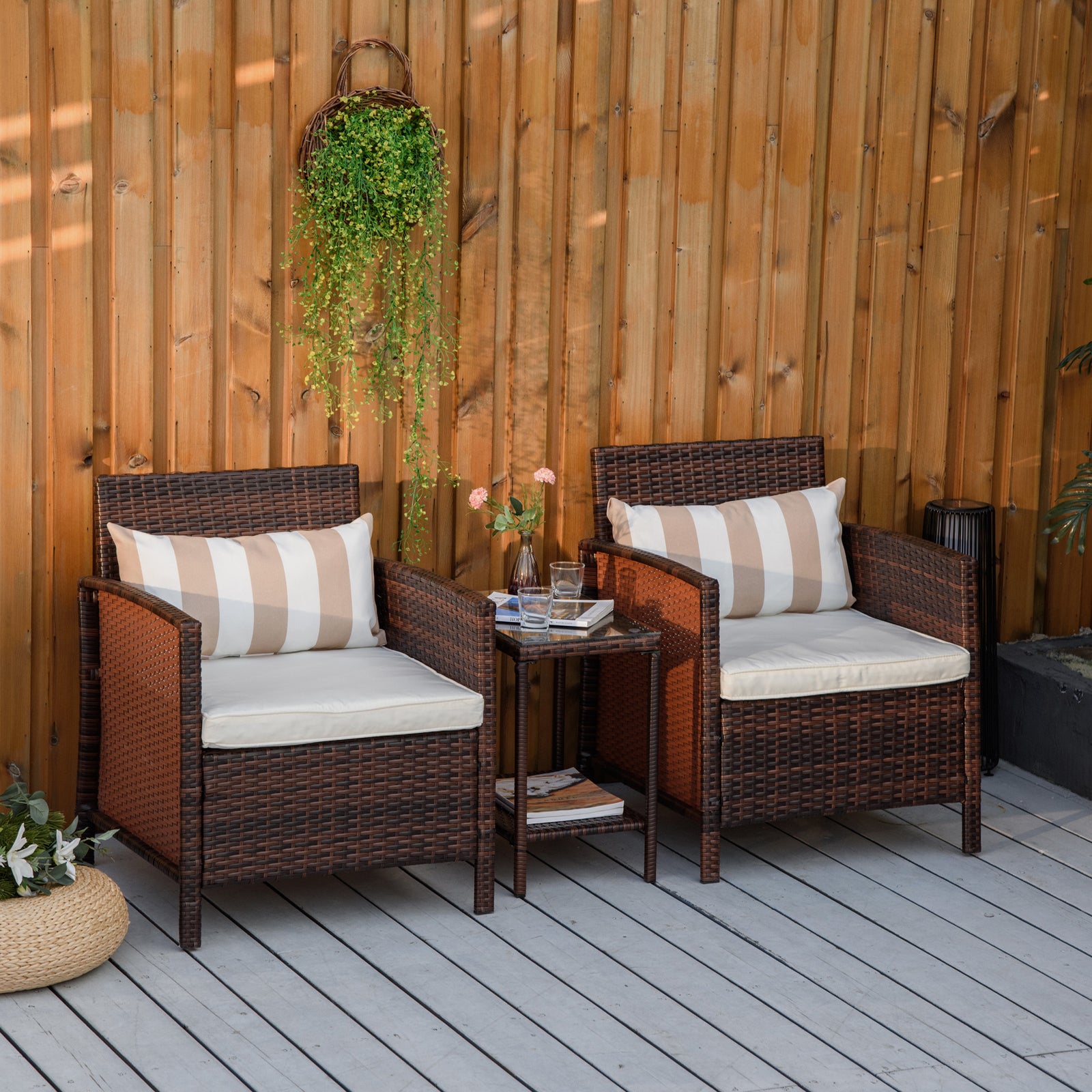 Outsunny 3 Pieces Rattan Bistro Set With Pillows And Cushions