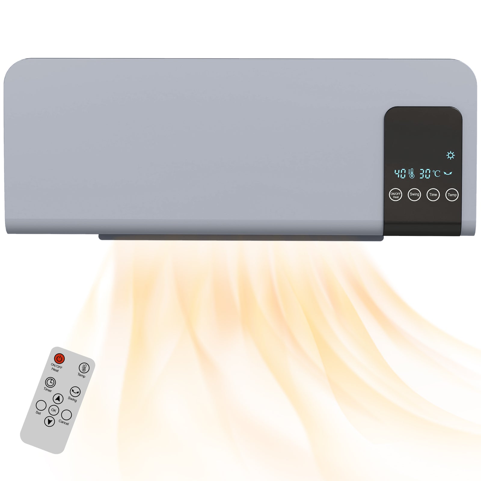 2000w Wall Mounted Ceramic Heater With Remote Control For Home, Grey