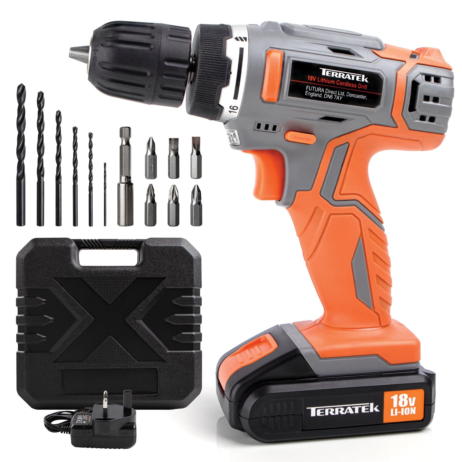 18v Cordless Power Drill And Screwdriver Set & Drill Bit 13 Piece Kit Li-ion Battery, 1 Hr Fast Charge | 13 Piece Kit – 1x Battery + Charger + Carry Case | Grey