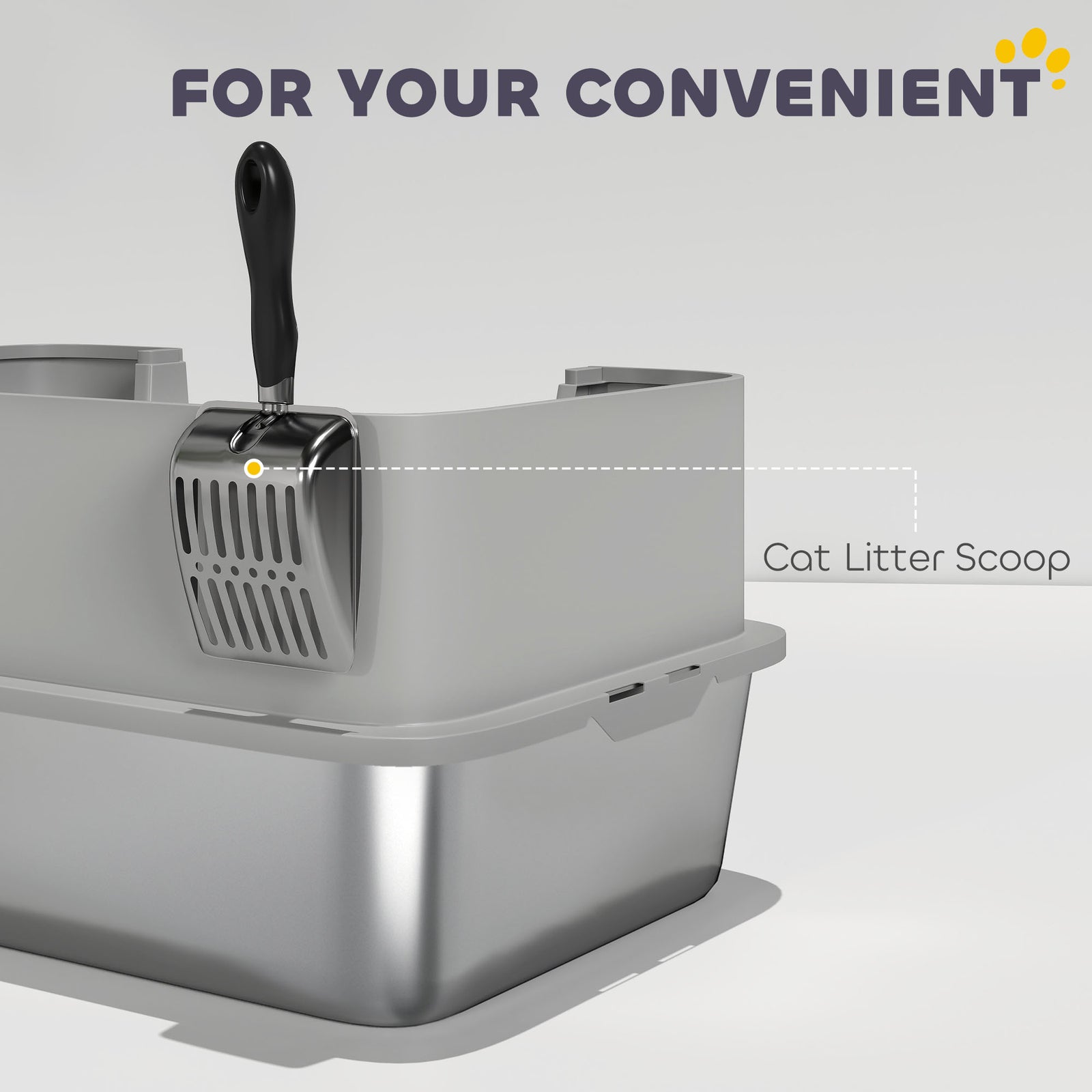 Stainless Steel Litter Box With Scoop, High Sided Cat Litter Tray