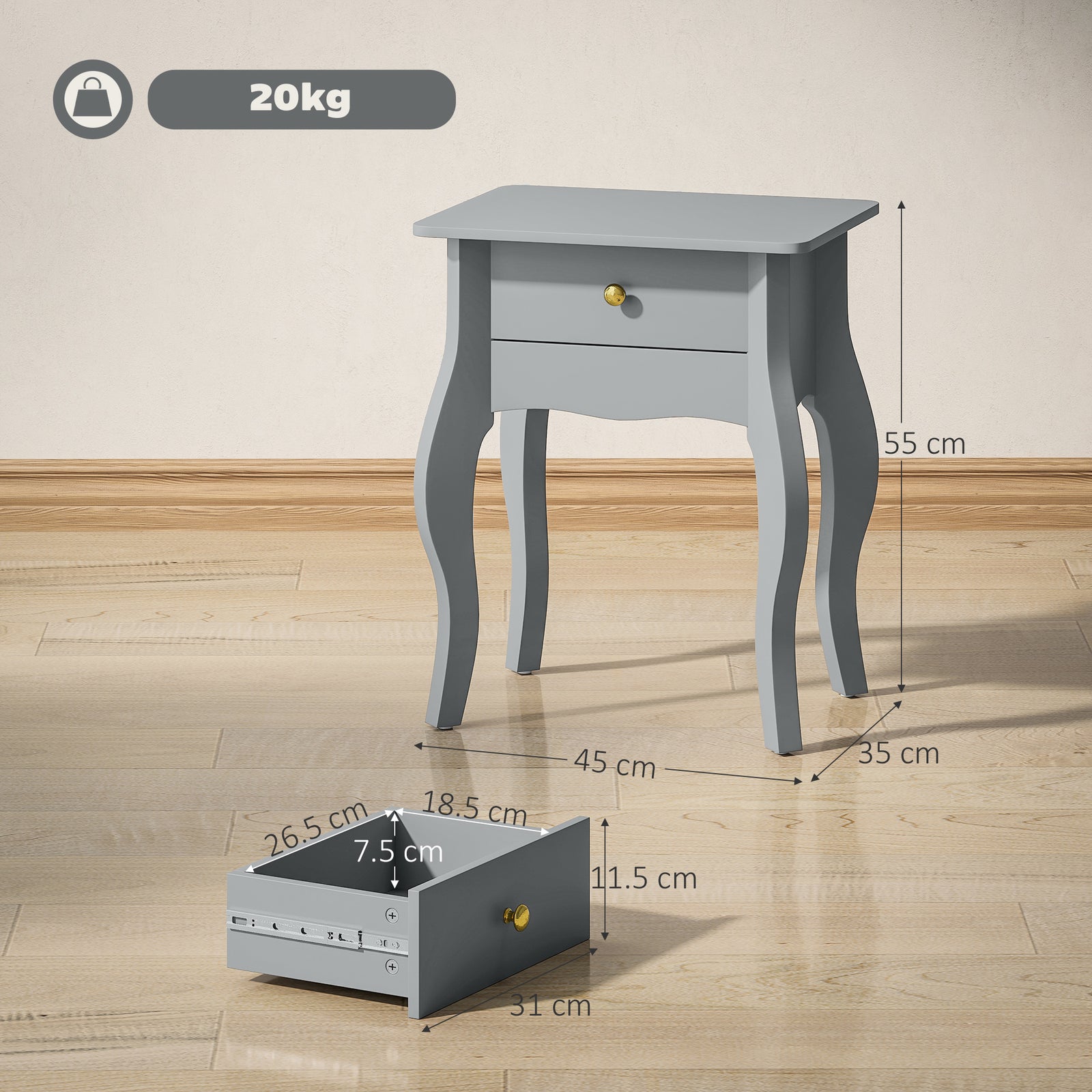 HOMCOM End Table French Style Small Table With Drawer And Curved Legs, Grey