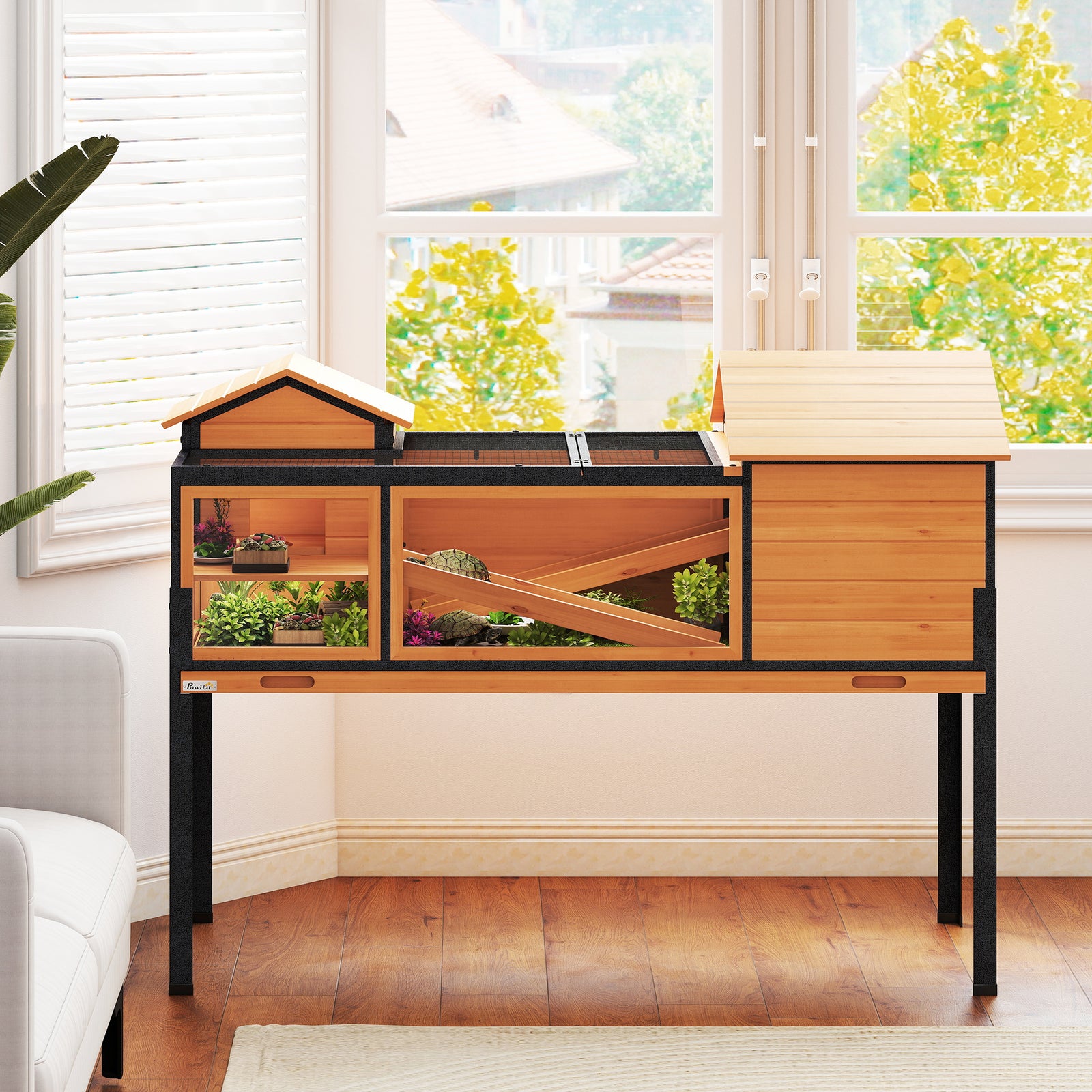 PawHut Wooden Tortoise House With Stand Legs, Observation Windows, Yellow