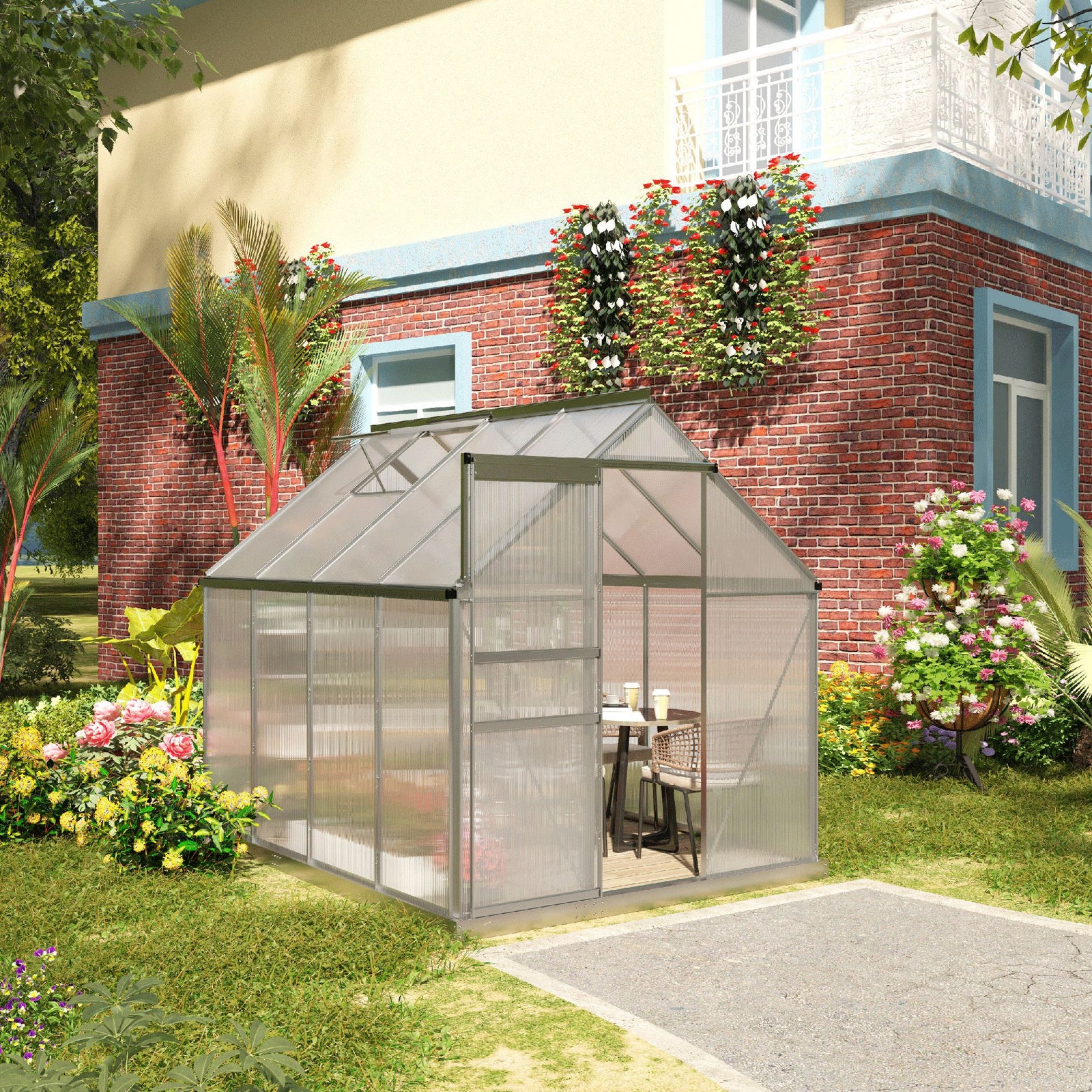 Polycarbonate Walk-in Garden Greenhouse W/ Sliding Door Tone