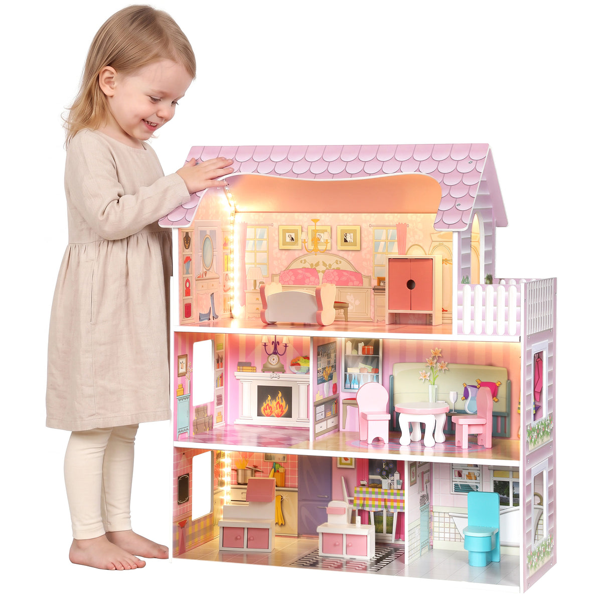 Dolls House With 8 Pieces Accessories, 3-level For 3-6 Years, Pink