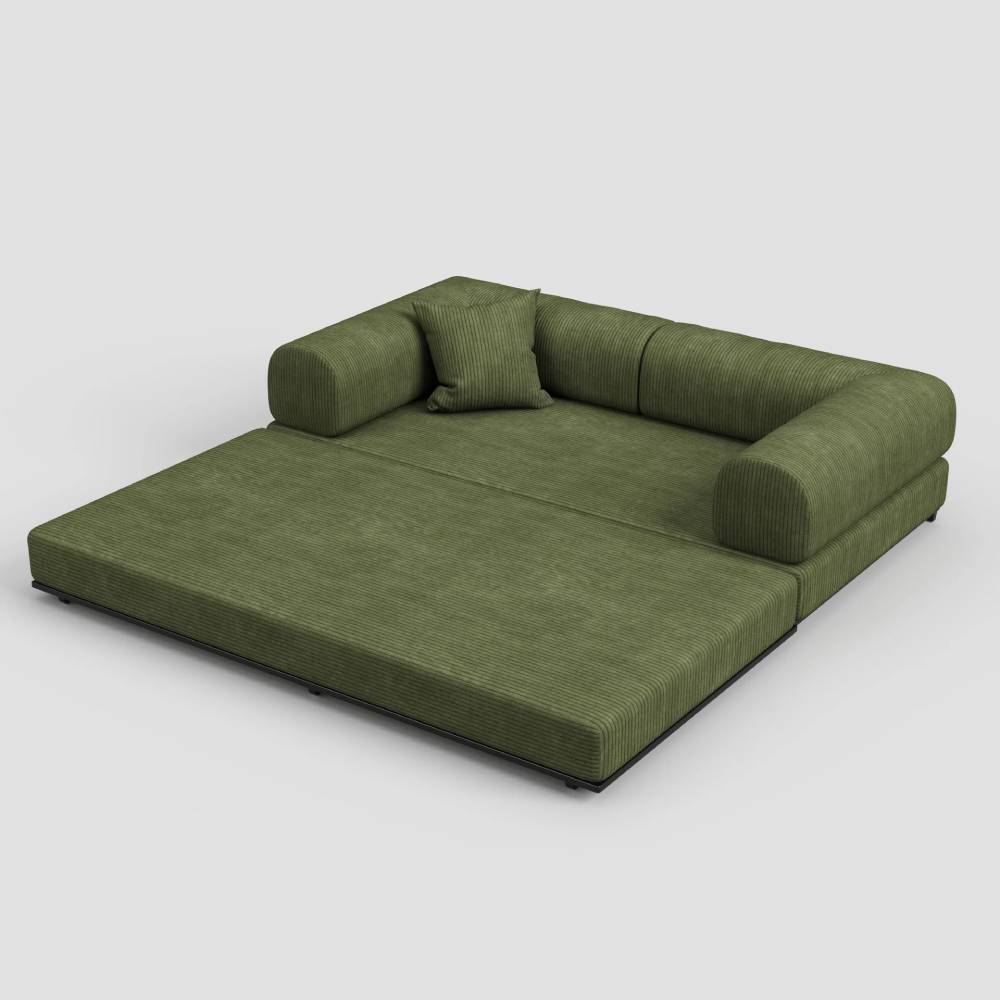 Corduroy Sofa Bed With Sliding Frame | High-resilience Foam Convertible Sleeper Sofa | Small | Green