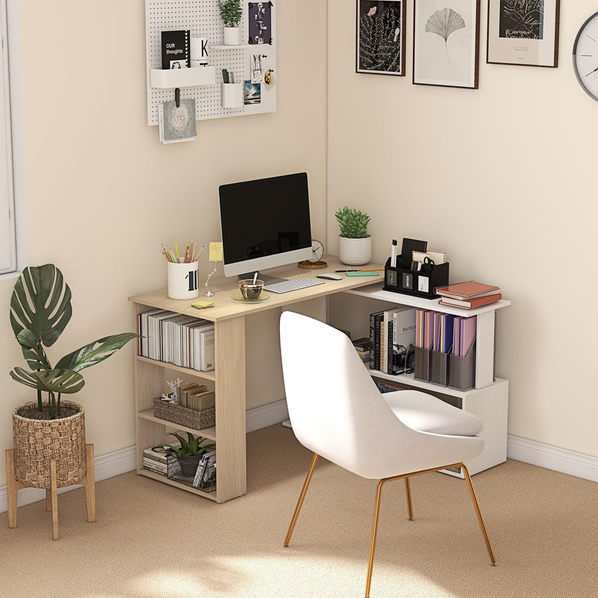 HOMCOM Corner Desk With Rotating Design And Bookshelf