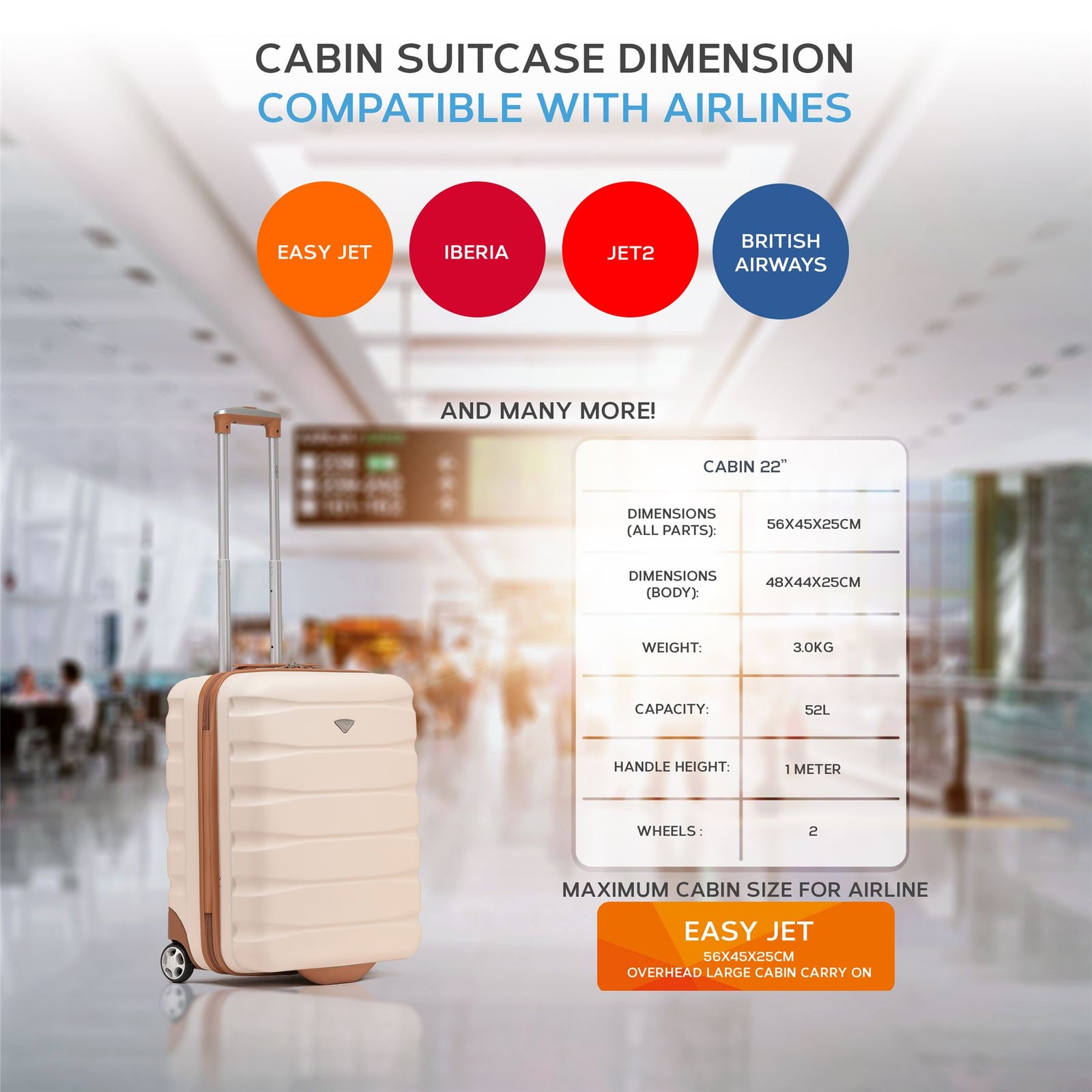56x45x25cm Hard Cabin Suitcase - Lightweight 2-Wheel ABS Carry On Hand Luggage | Cabin | Cream