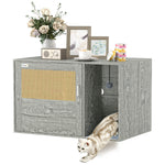 Boho Style Cat Litter Box Enclosure With Rattan Door, Scratching Mat, Toy Ball