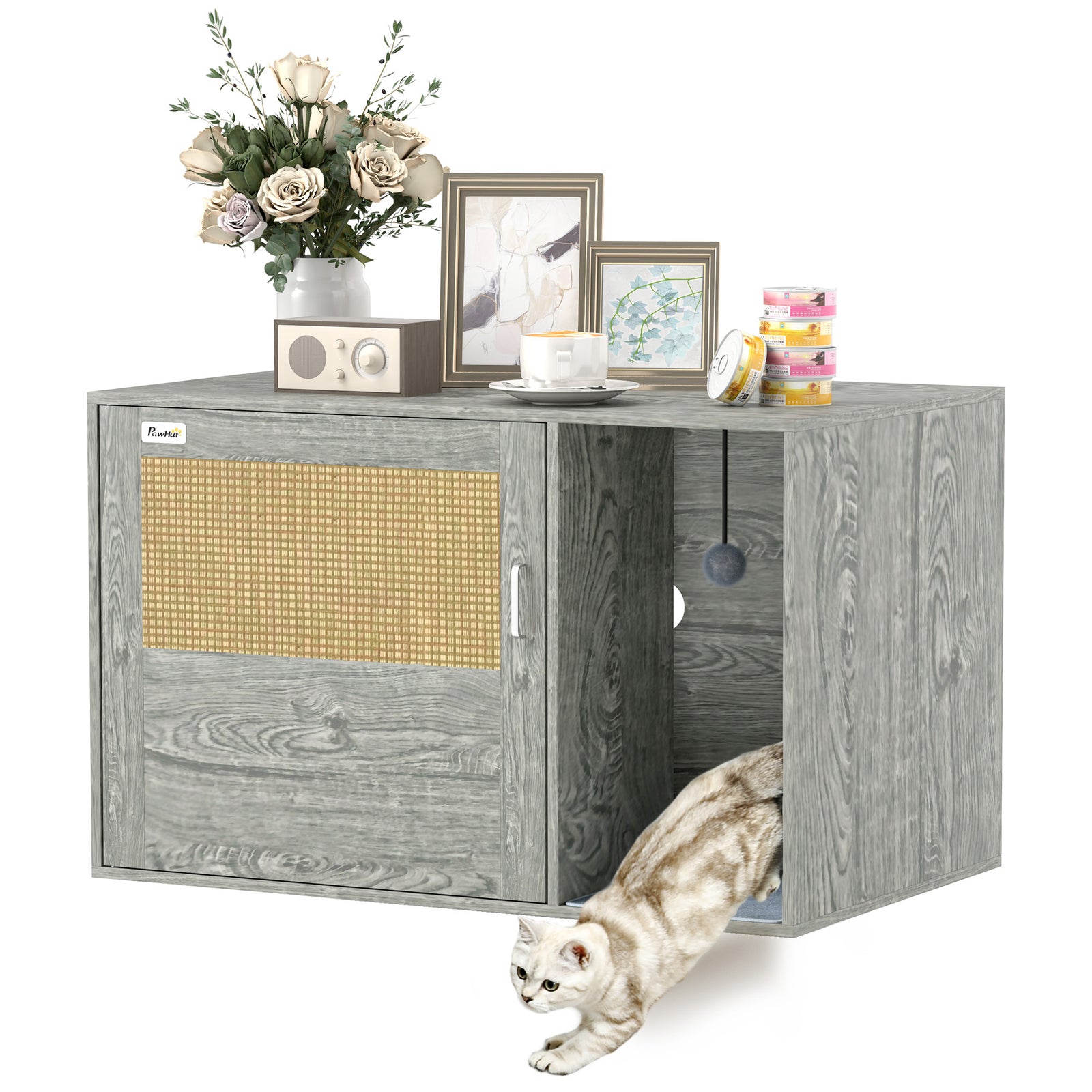 Boho Style Cat Litter Box Enclosure With Rattan Door, Scratching Mat, Toy Ball