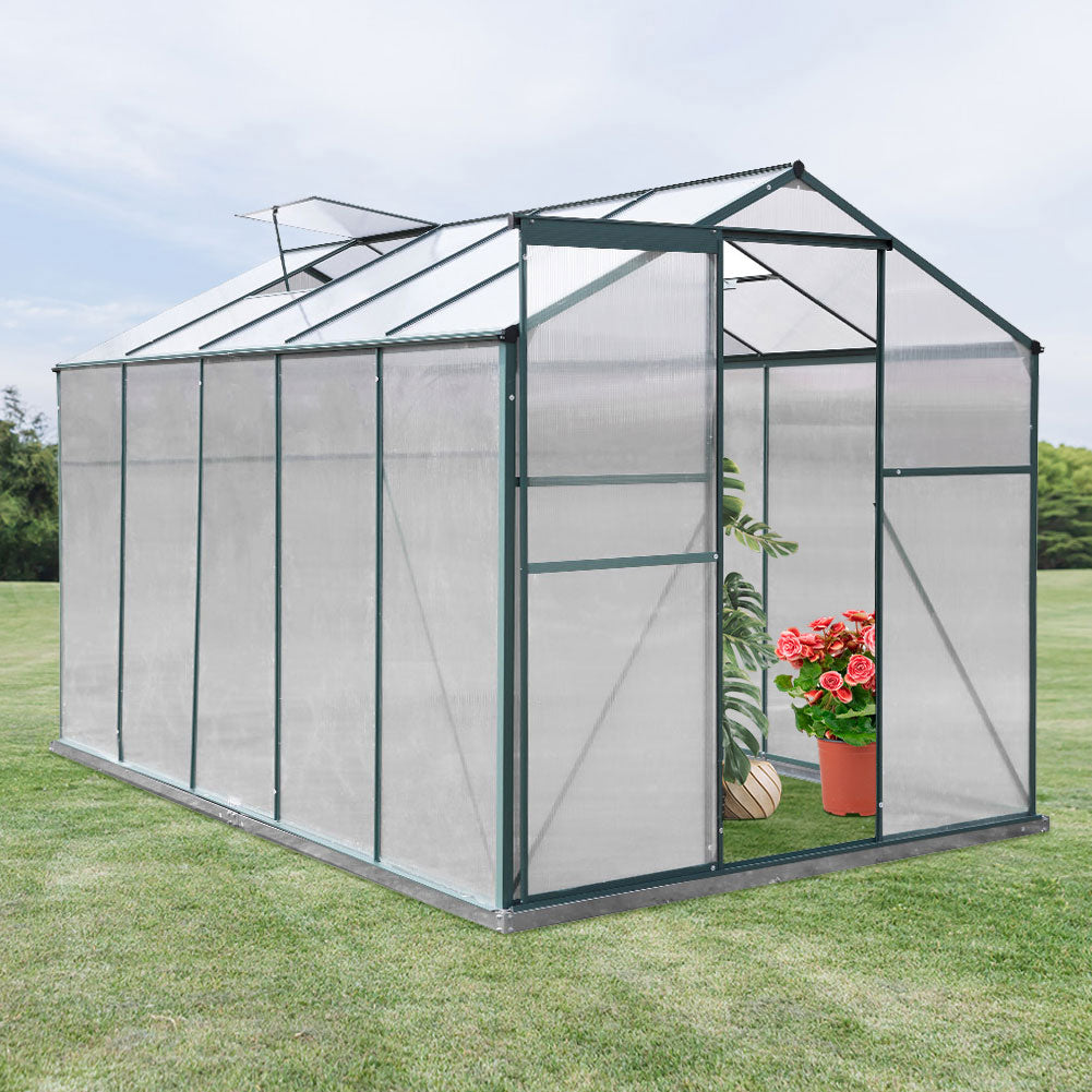 Polycarbonate Greenhouse– Aluminum Frame Walk-in Greenhouse With Sliding Door & 2 Ventilation Window For Plants & Flowers | Green