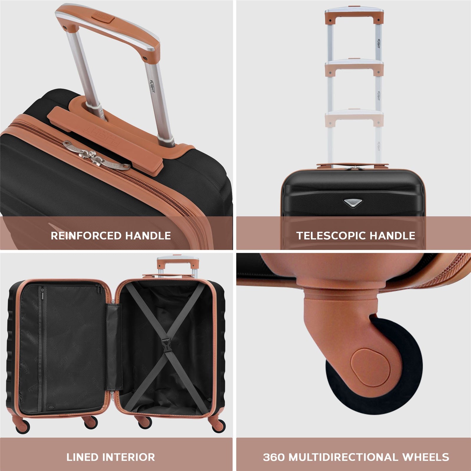 55x40x20cm Lightweight Luggage Hard Shell Cabin Suitcase 60+ Airlines Approved - Carry On Case - 4 Wheels | 55 x 40 x 20cm | Black & Brown