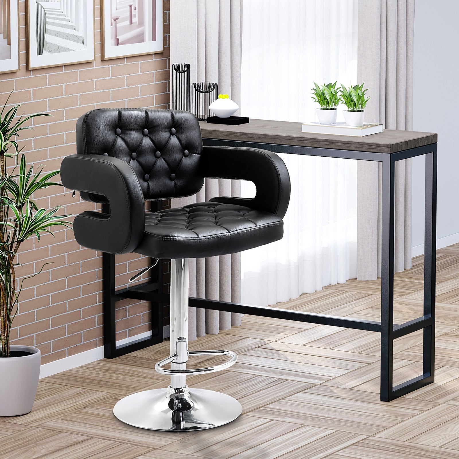 Adjustable Height Barstool Steel Pole Pu Leather | Black