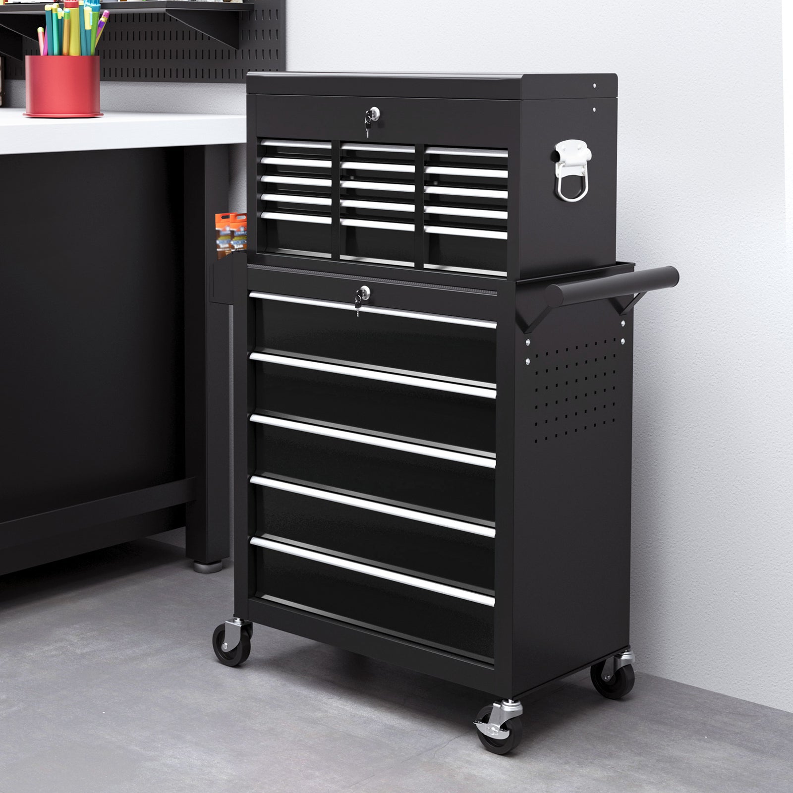 14 Drawer Tool Cabinet, Lockable, Wheels | Black