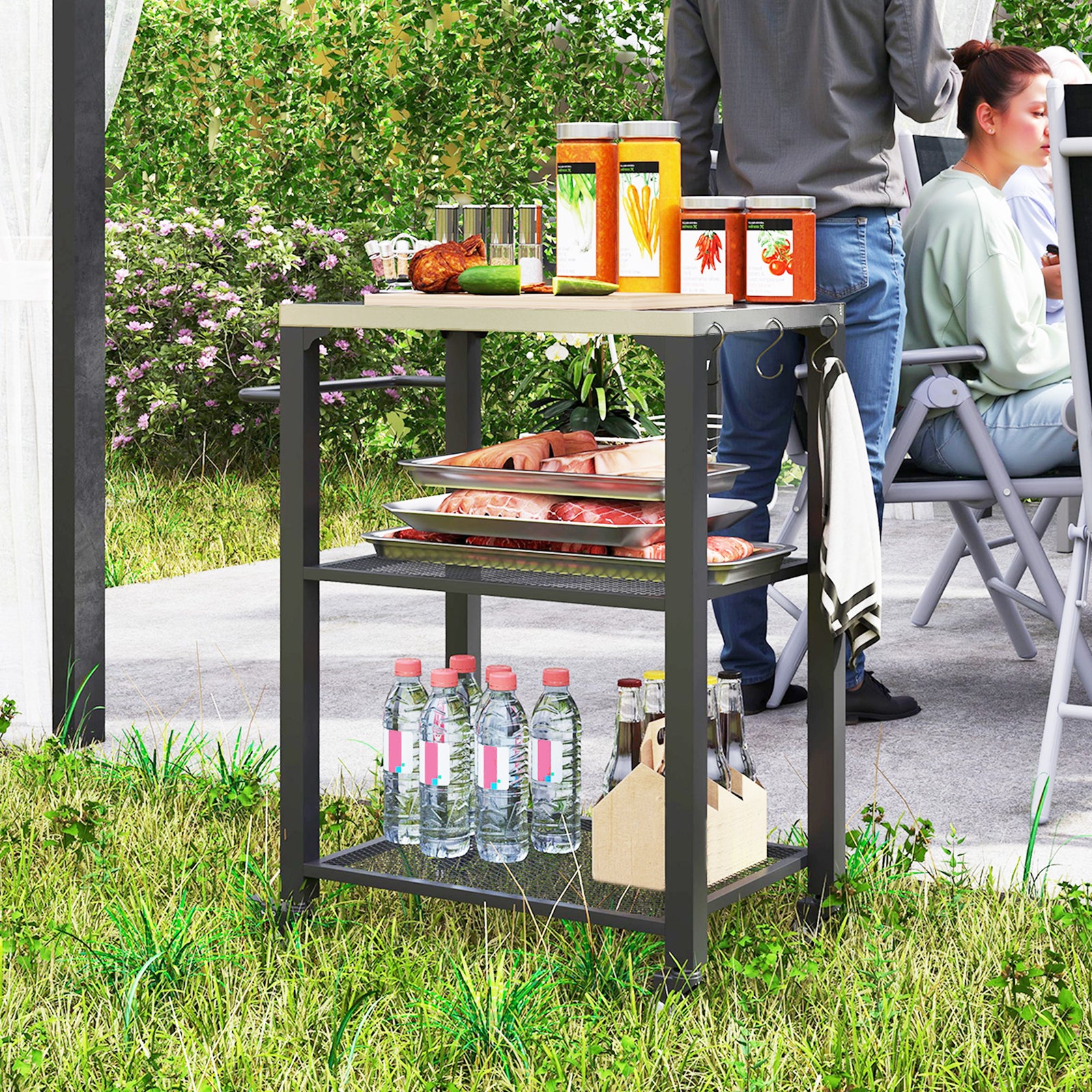 3-shelf Outdoor Grill Cart, Outdoor Kitchen W/ Steel Top