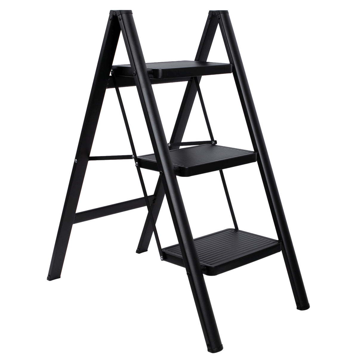 Step Ladder Compact Black, Heavy-duty Steel Folding Step Stool 150kg Capacity | 3 Step | Black