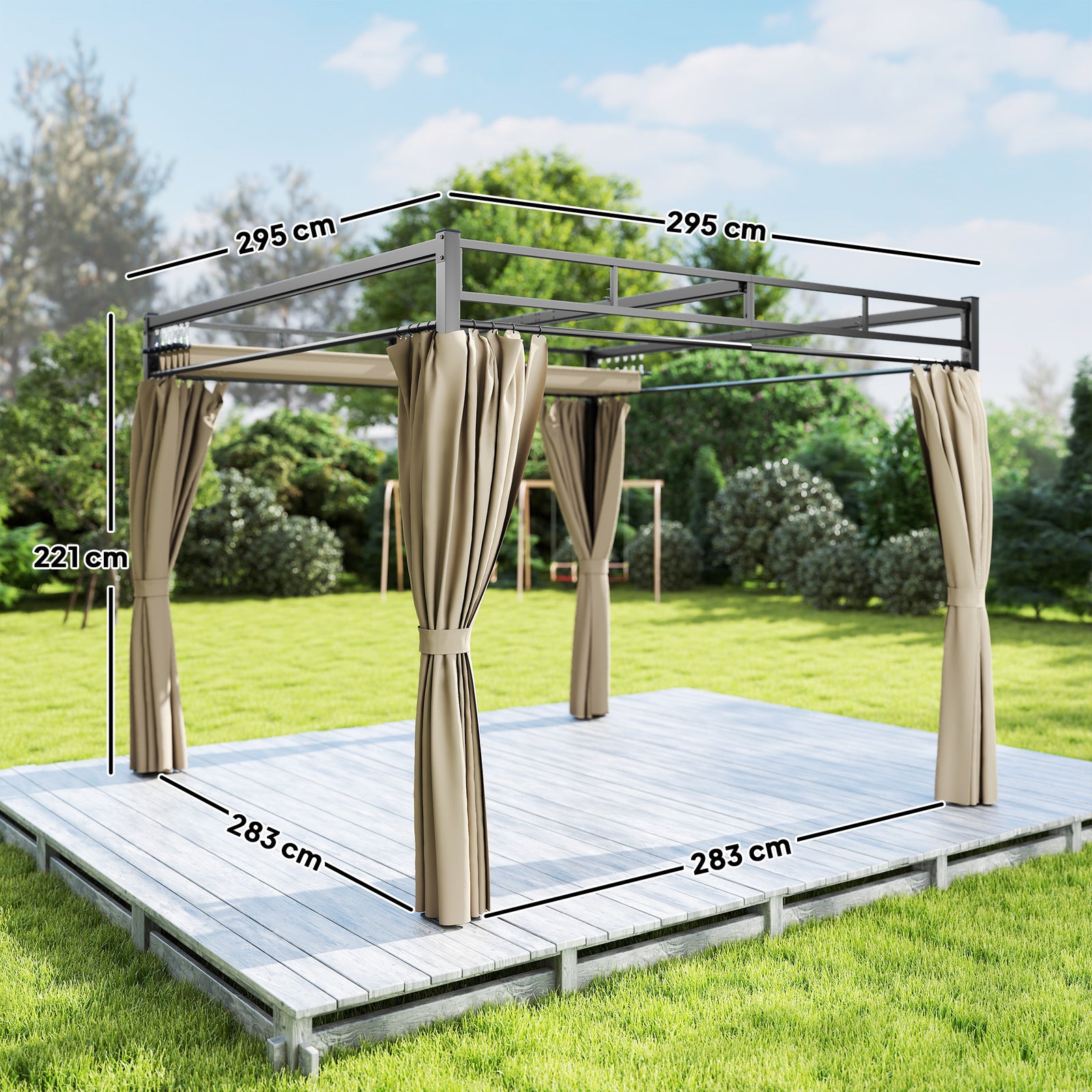3 X 3 M Garden Pergola With Retractable Canopy, Curtains | Khaki