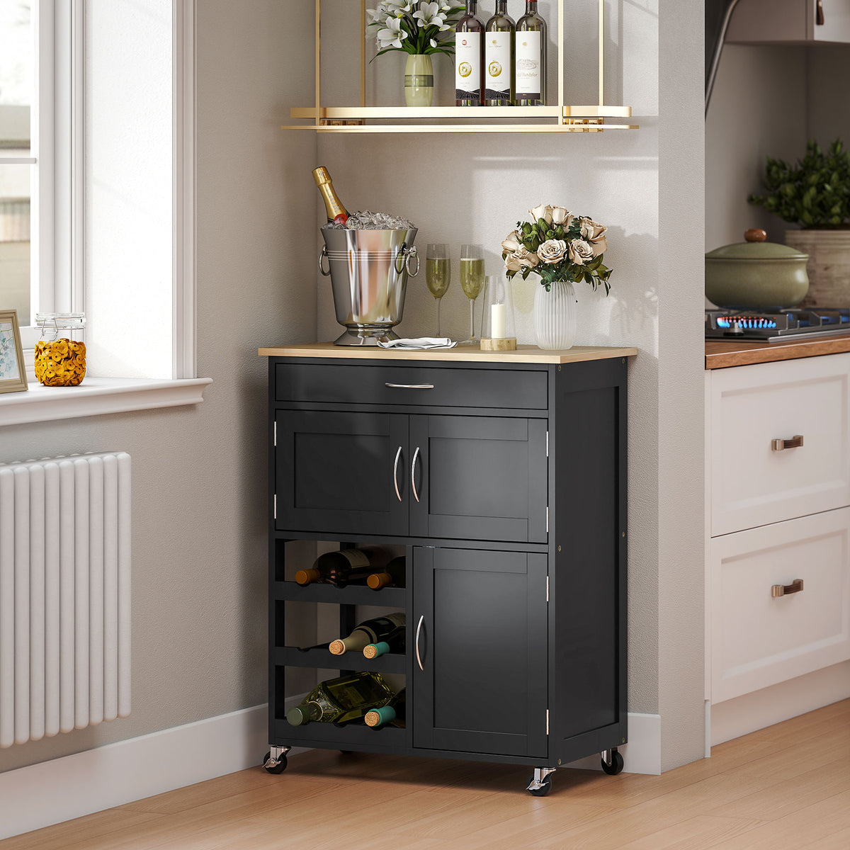 Kitchen Trolley, Rolling Island Storage Cart With Drawer, Black