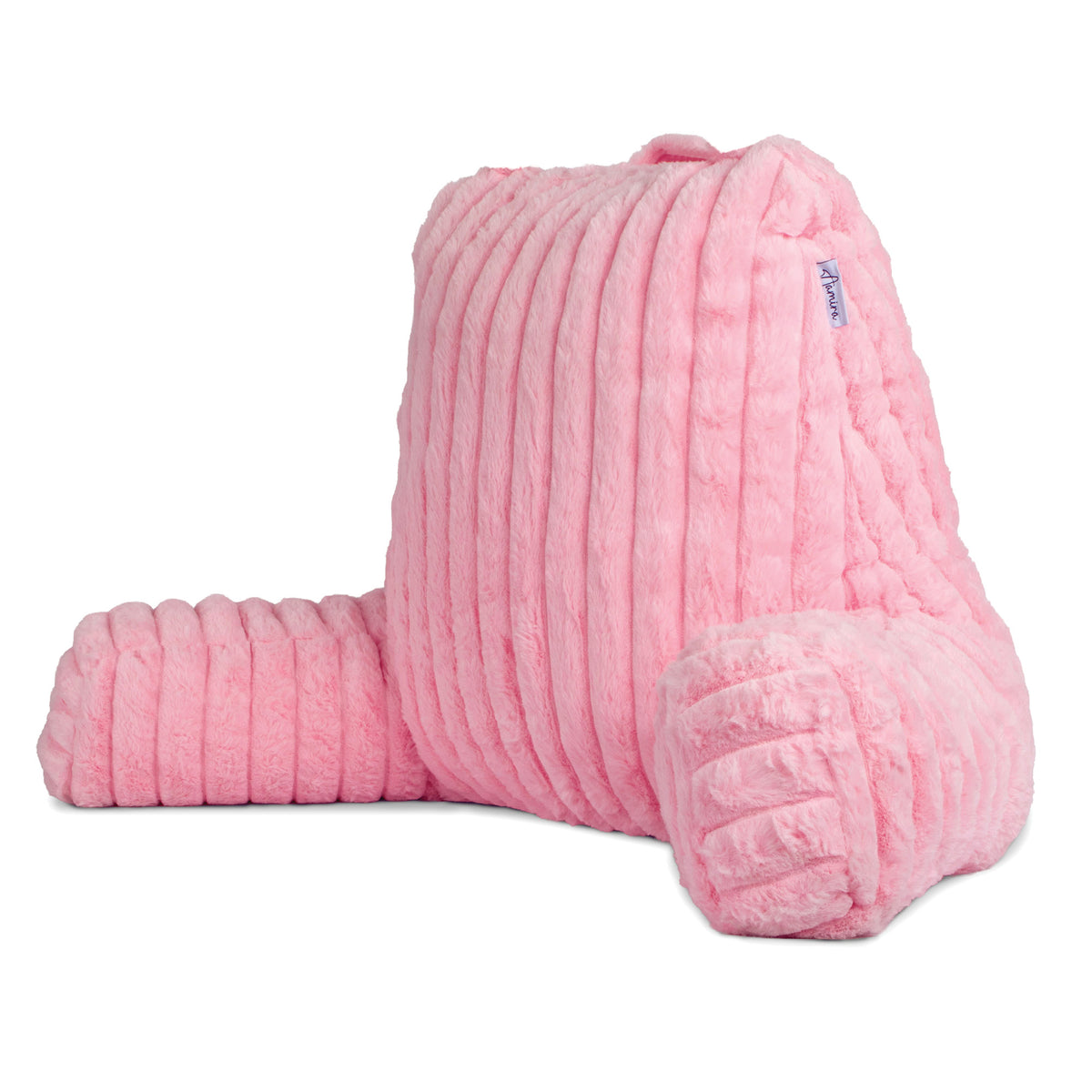 Deluxe Large Reading Pillow, Soft Ribbed Faux Fur, Shredded Memory Foam Cuddle Cuddle Cushion Backrest Arm Support | L | Pink