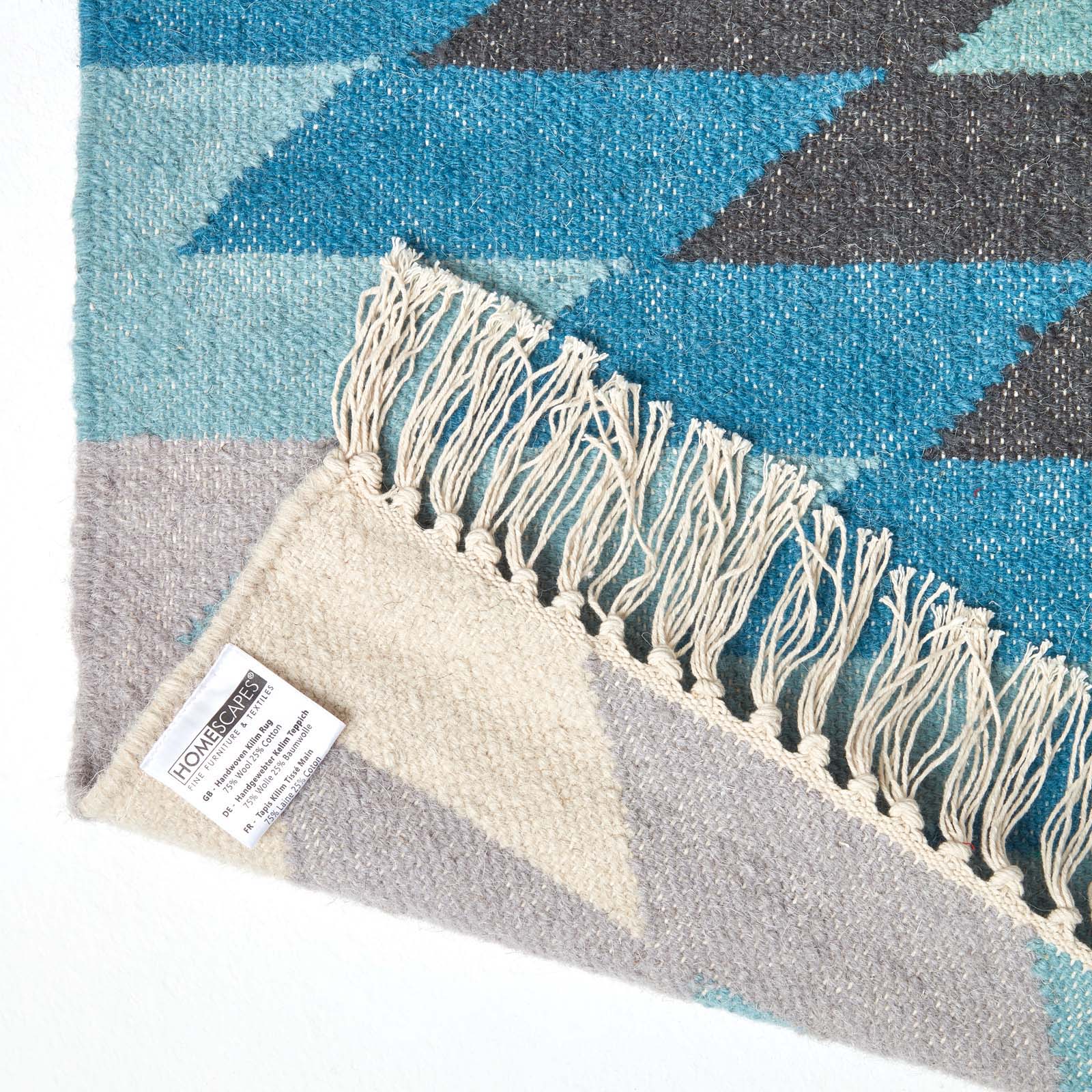 Helsinki Handwoven Geometric Blue Grey And Cream Kilim Wool Rug | 120cm x 180cm | Blue & Grey
