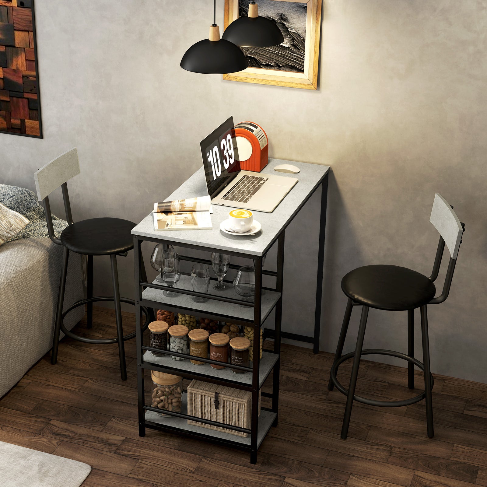 3 Piece Breakfast Bar Table Set With Storage Shelves, Light Grey