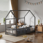 Kids Pine Wood House Bed Frame With Guardrails – 160cm X 80cm Low Design Single Toddler Bed For Safe And Fun Sleep | Grey