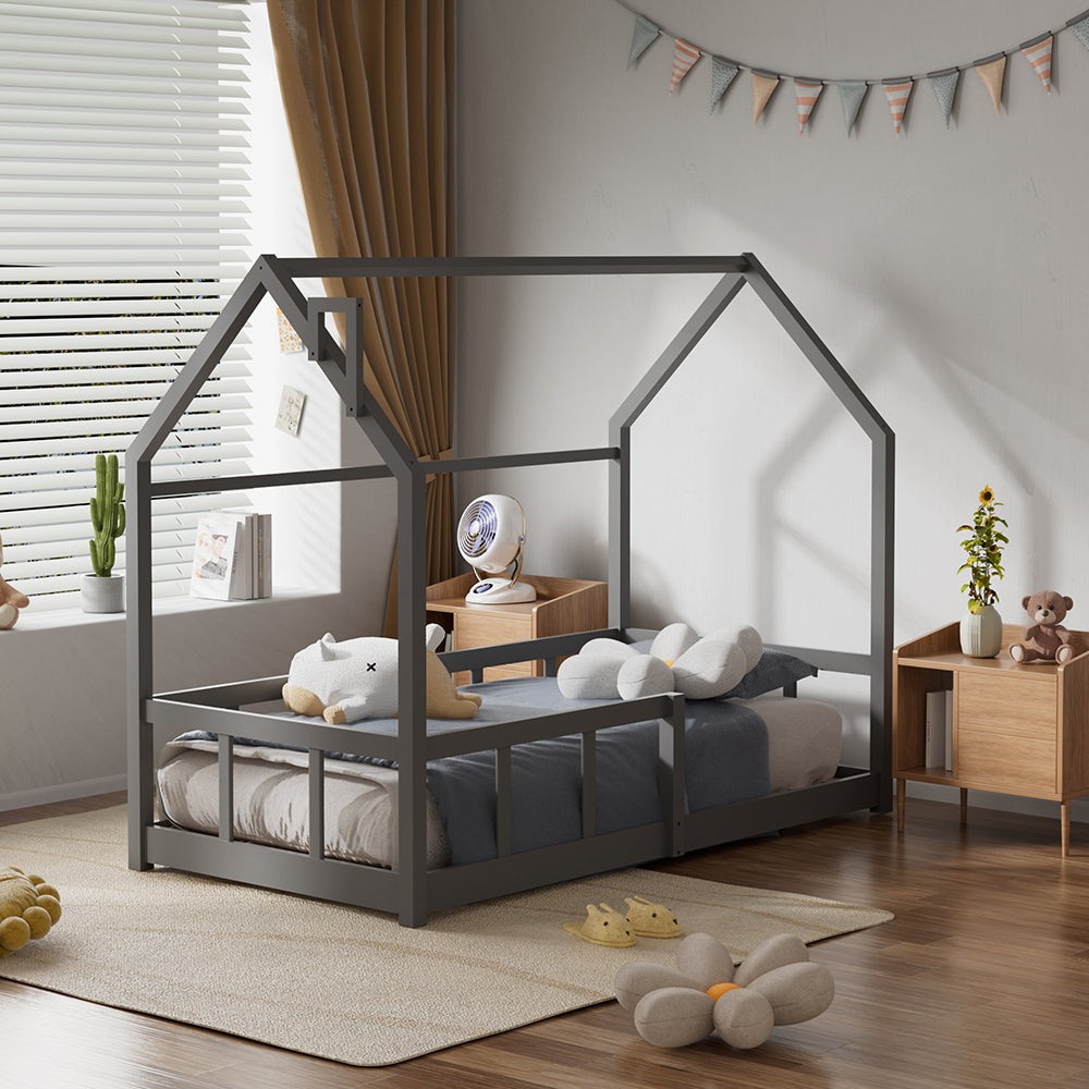 Kids Pine Wood House Bed Frame With Guardrails – 160cm X 80cm Low Design Single Toddler Bed For Safe And Fun Sleep | Grey