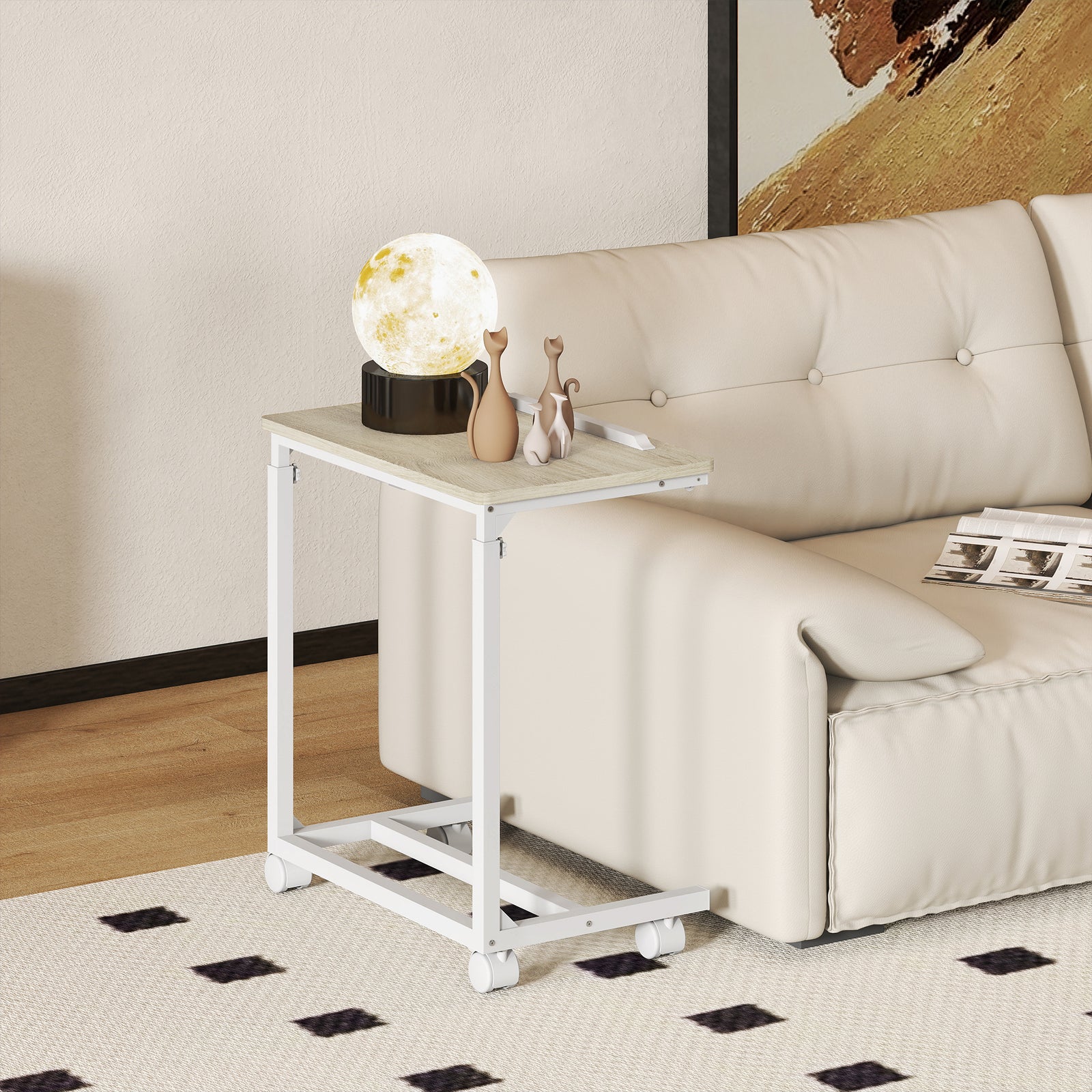 HOMCOM C-shaped Sofa Side Table, Height Adjustable Overbed Table, Oak