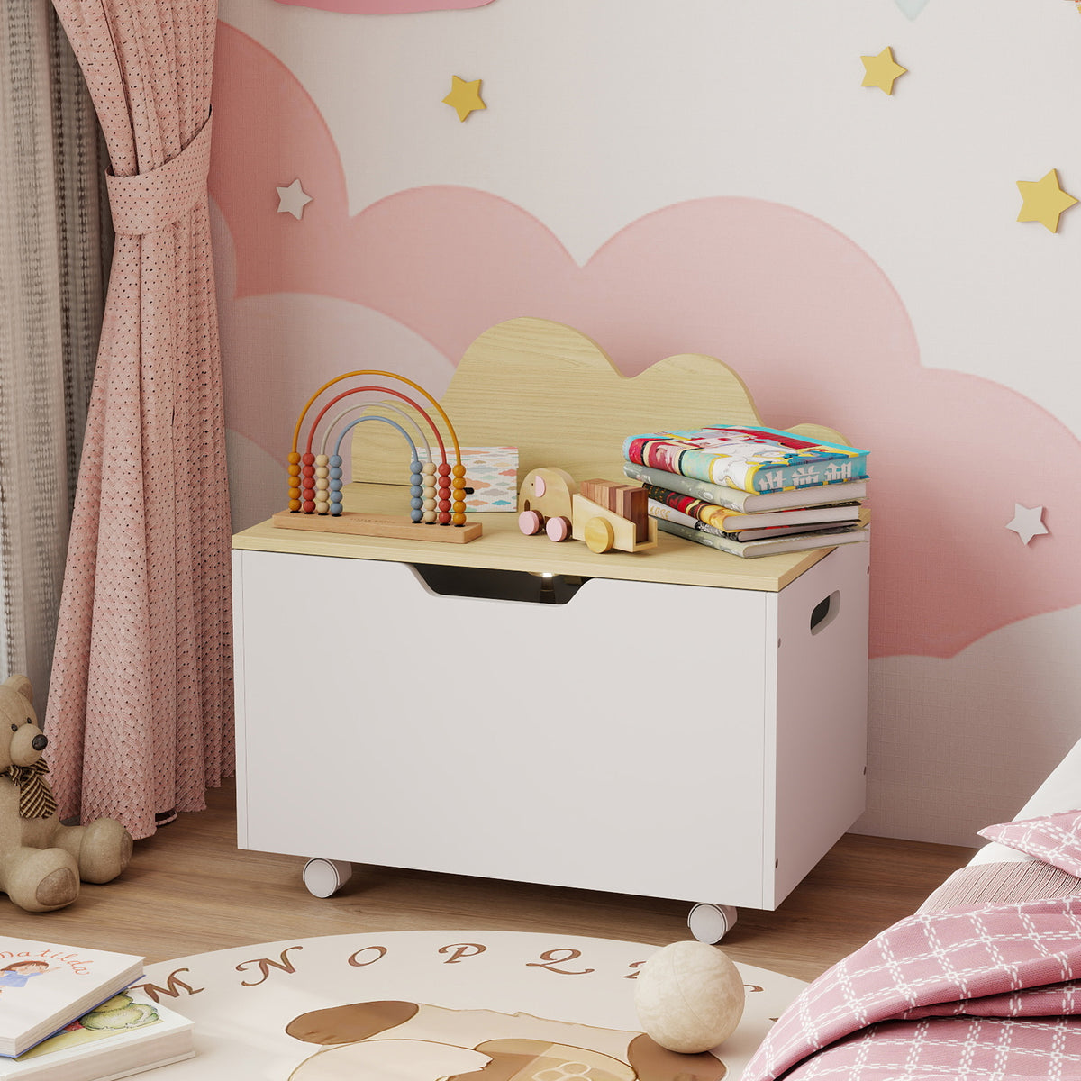 AIYAPLAY Toy Box For Kids, Toy Chest With Wheels And Safety Hinges, White