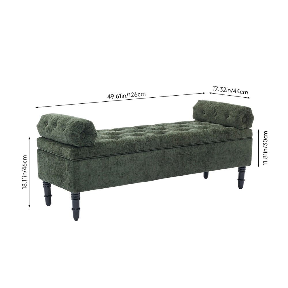 Chenille Fabric Storage Bench – Upholstered Seat With Pillowed Armrests & Hidden Compartment, 126cm W | Green