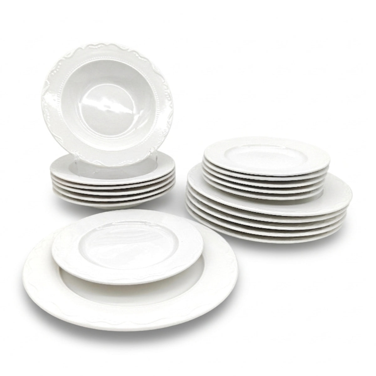Dinner Set Porcelain White Embossed Floral Dot Rim Plates Bowls | Set of 18 | White