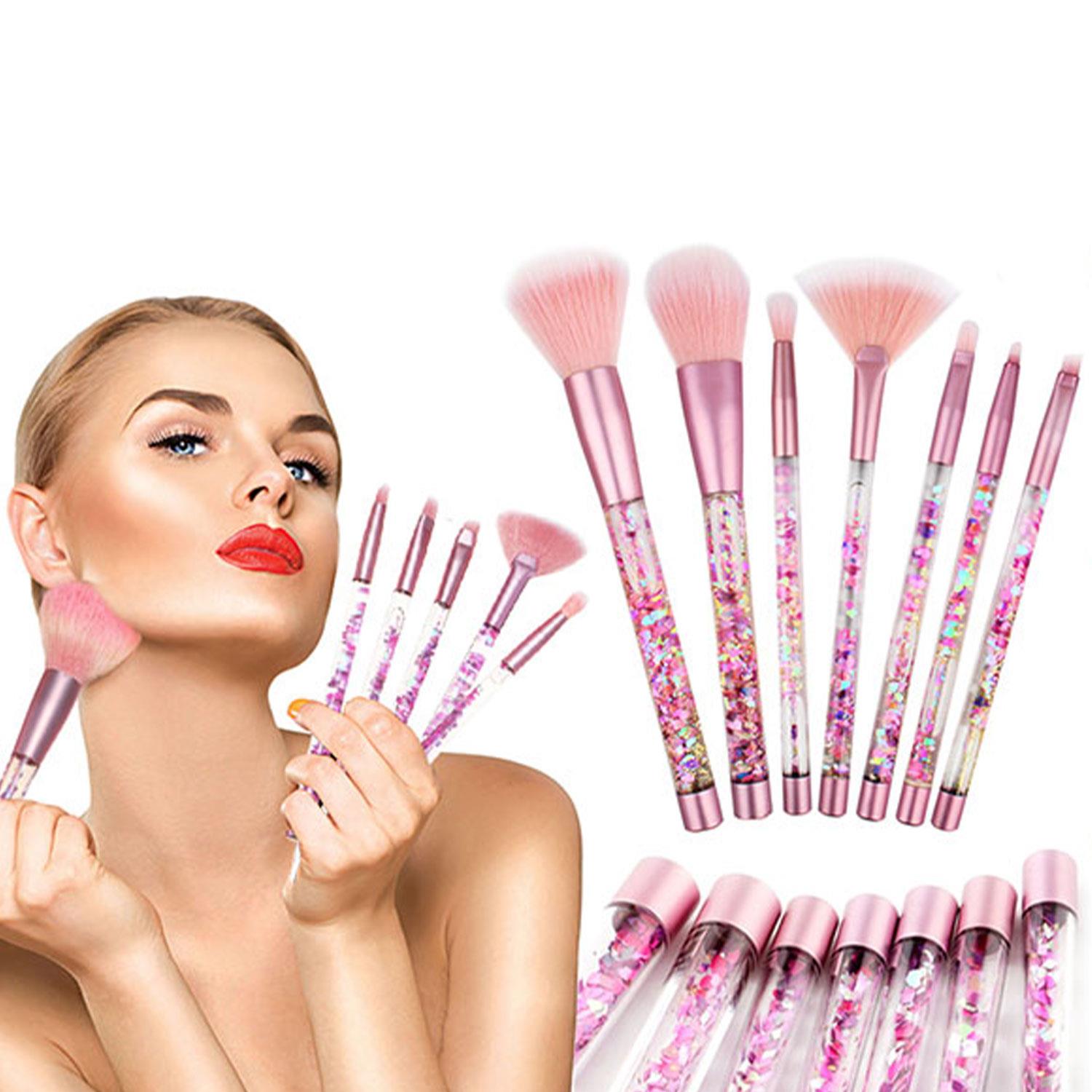 Cosmic Makeup Brush Set 7pc Liquid Glitter Handle Beauty Tool Kit Pink
