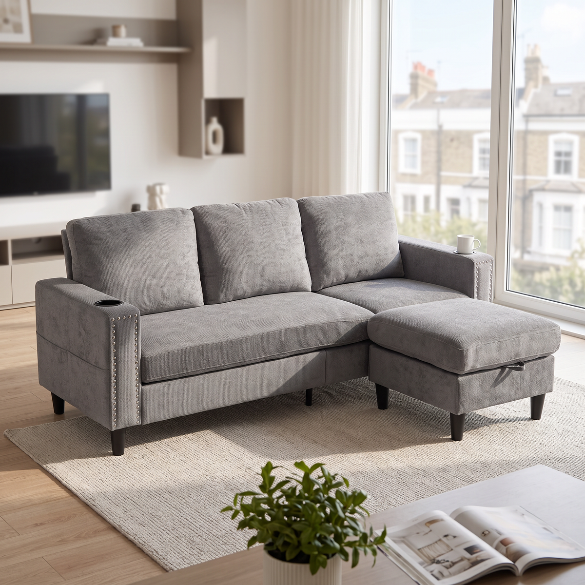 Chenille Upholstered L-shaped 3-seater Sectional Sofa With Ottoman | Grey