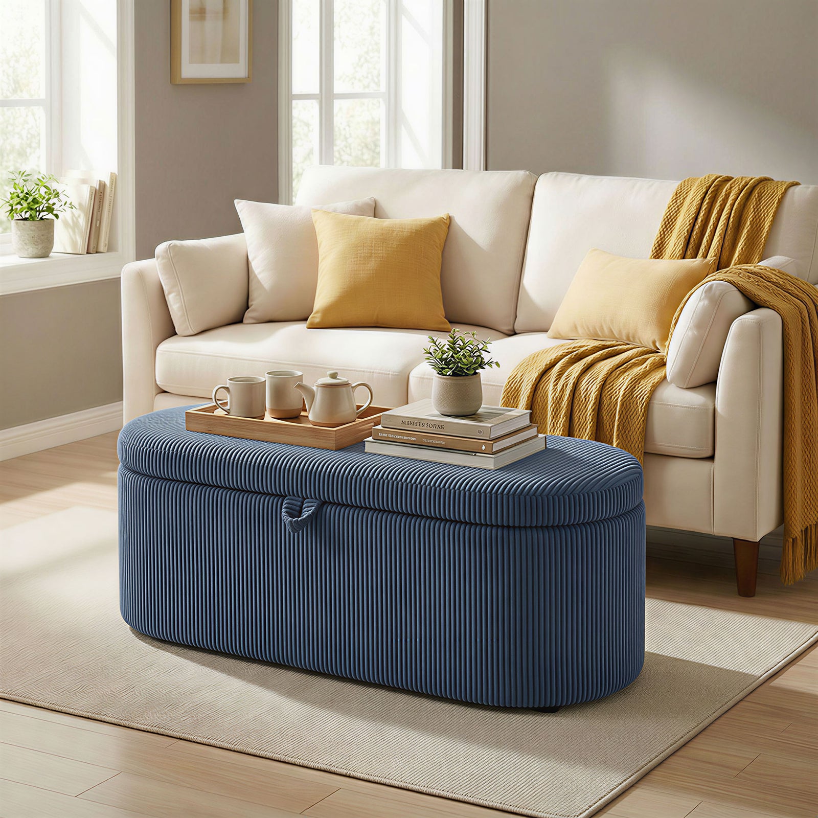 Storage Ottoman, Corduroy Ottoman Storage Box With Padded Seat | Blue