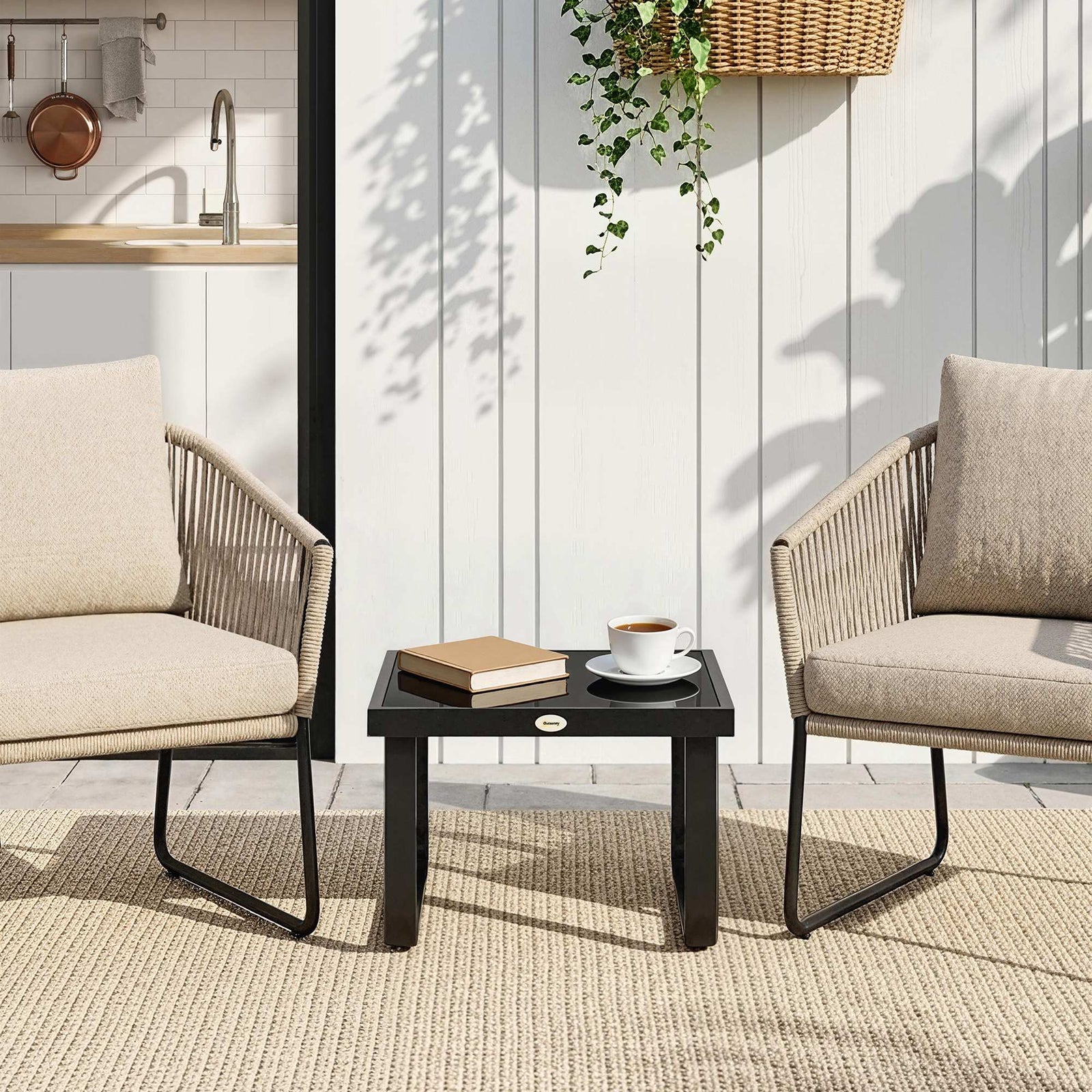 Garden Coffee Table Outdoor Side Table With Glass Top | Small | Black