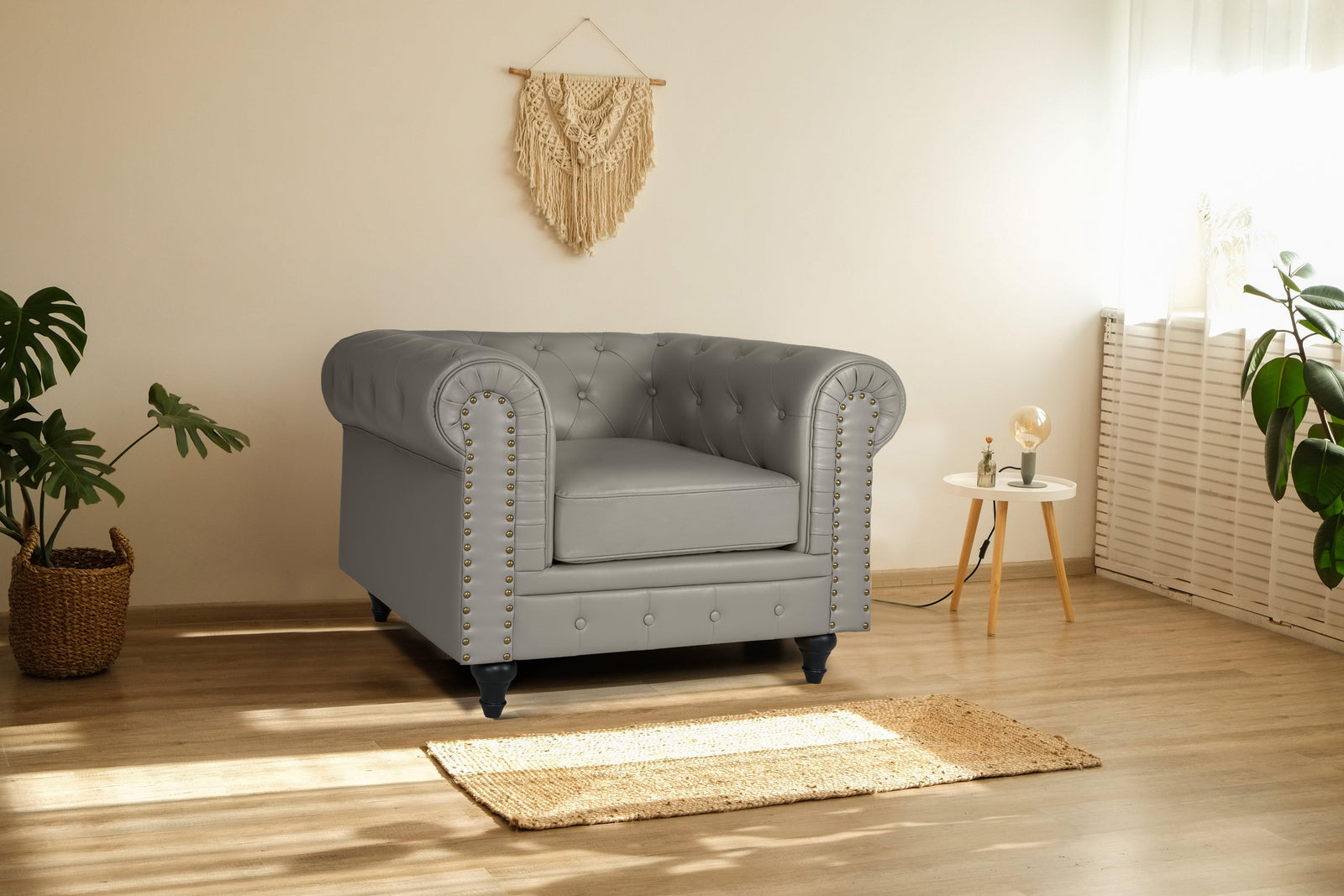 Button Tufted Faux Leather Living Room Armchair | Grey