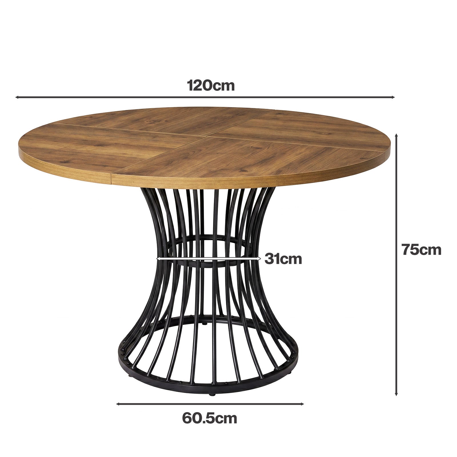 Round Dining Table For 4-6 People 30mm Mdf Metal Base Kitchen Brown | Brown
