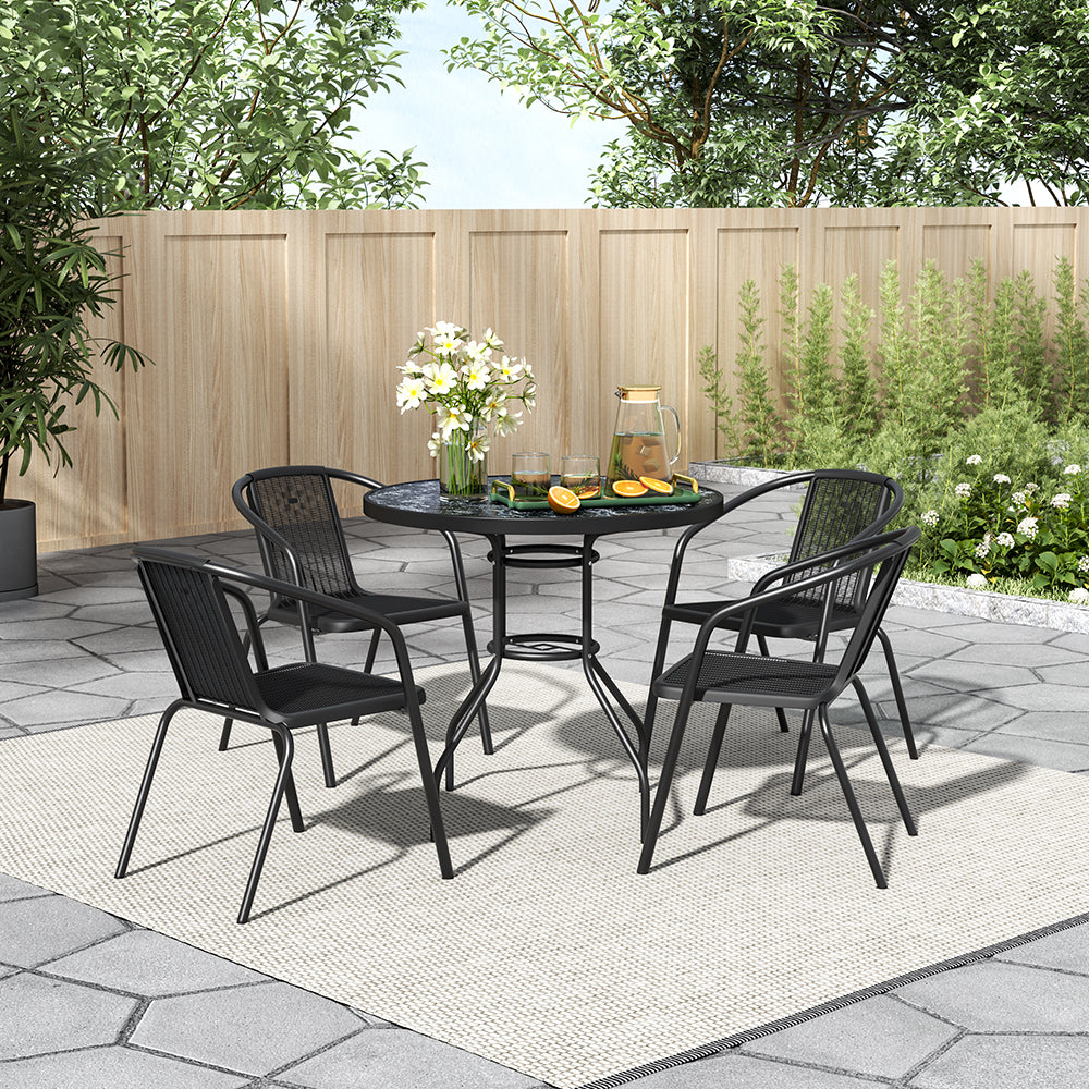 5 Pieces Garden Dining Set Outdoor Marble-printed Tempered Glass Round Table & Pe Wicker Chair Set