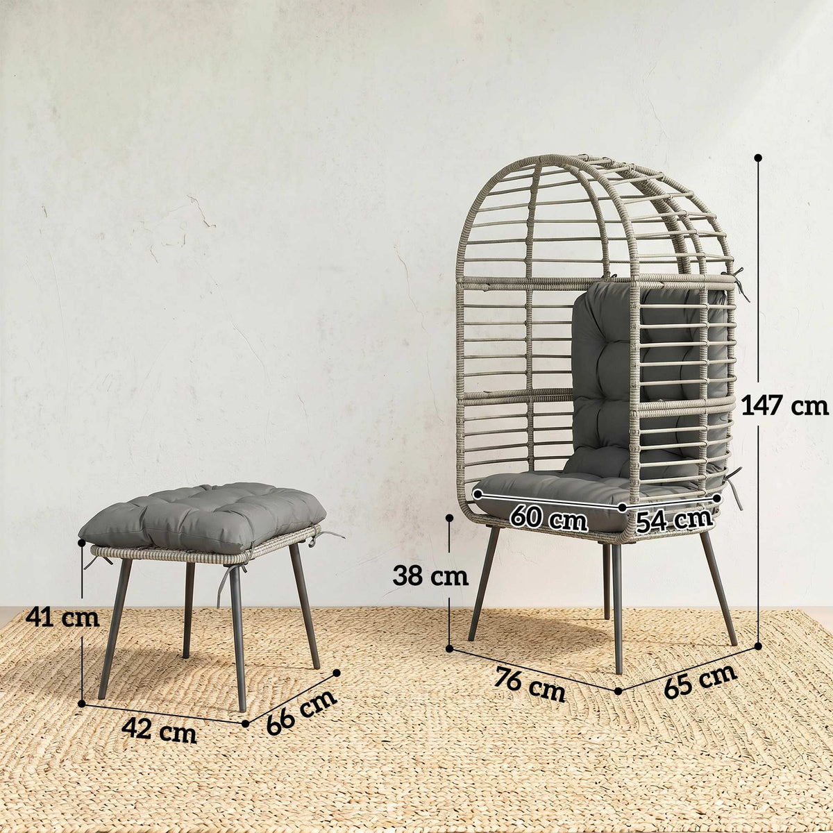 Standing Egg Chair Lounge Chair With Footstool, Cushion | Light Grey