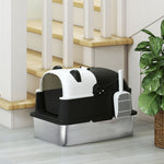 Xl Stainless Steel Litter Box Tray With Lid, Panda Style | Black