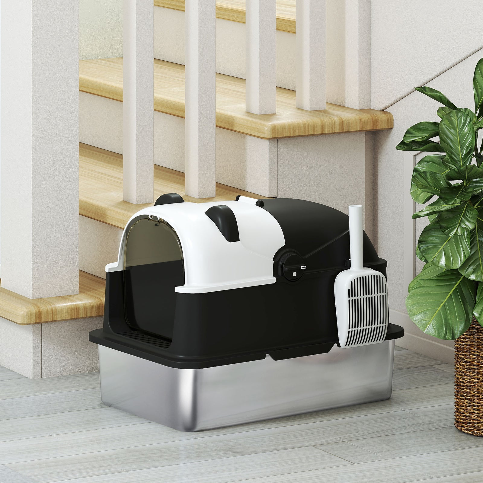 Xl Stainless Steel Litter Box Tray With Lid, Panda Style | Black