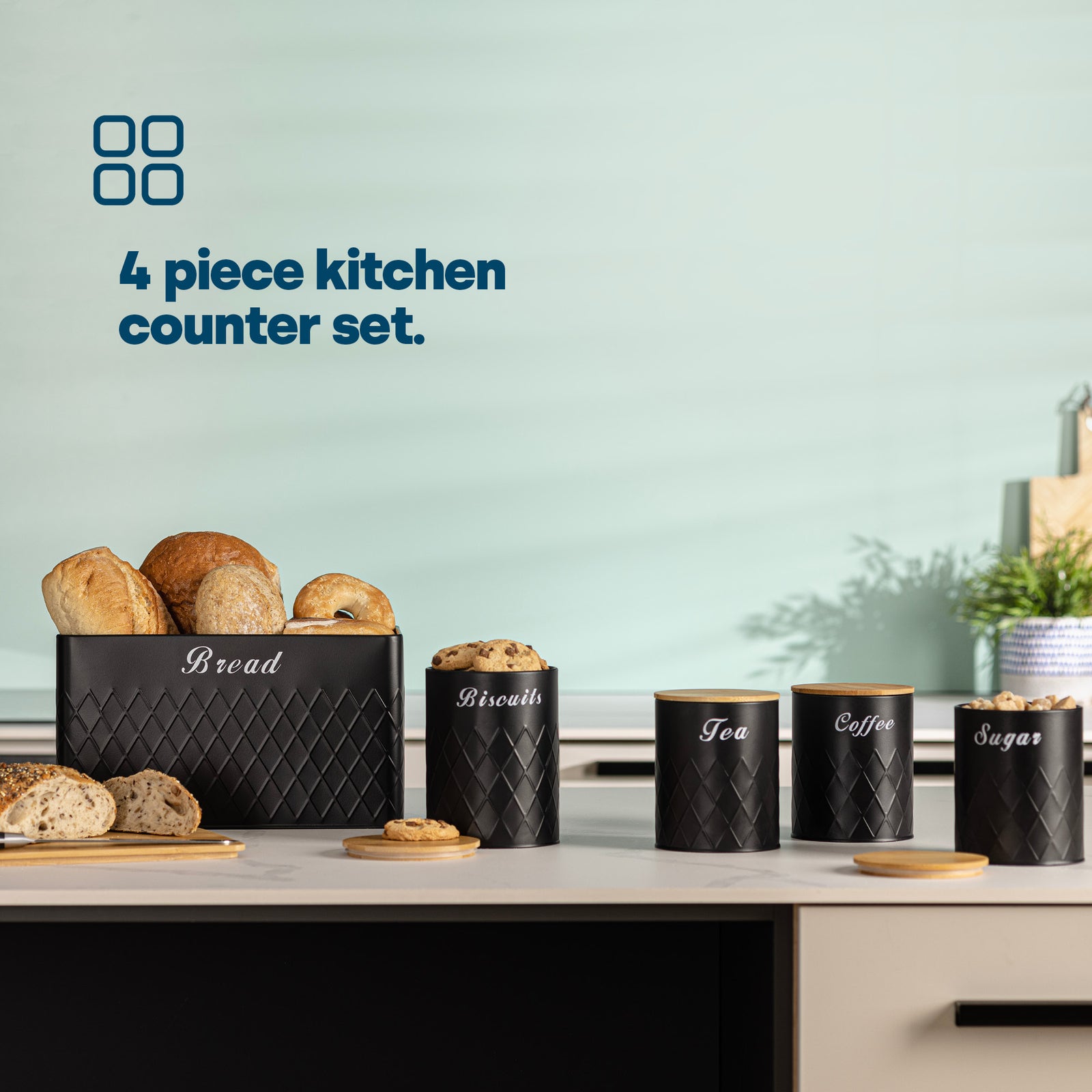 Matt Bread Bin & Canister Set - Black/bamboo