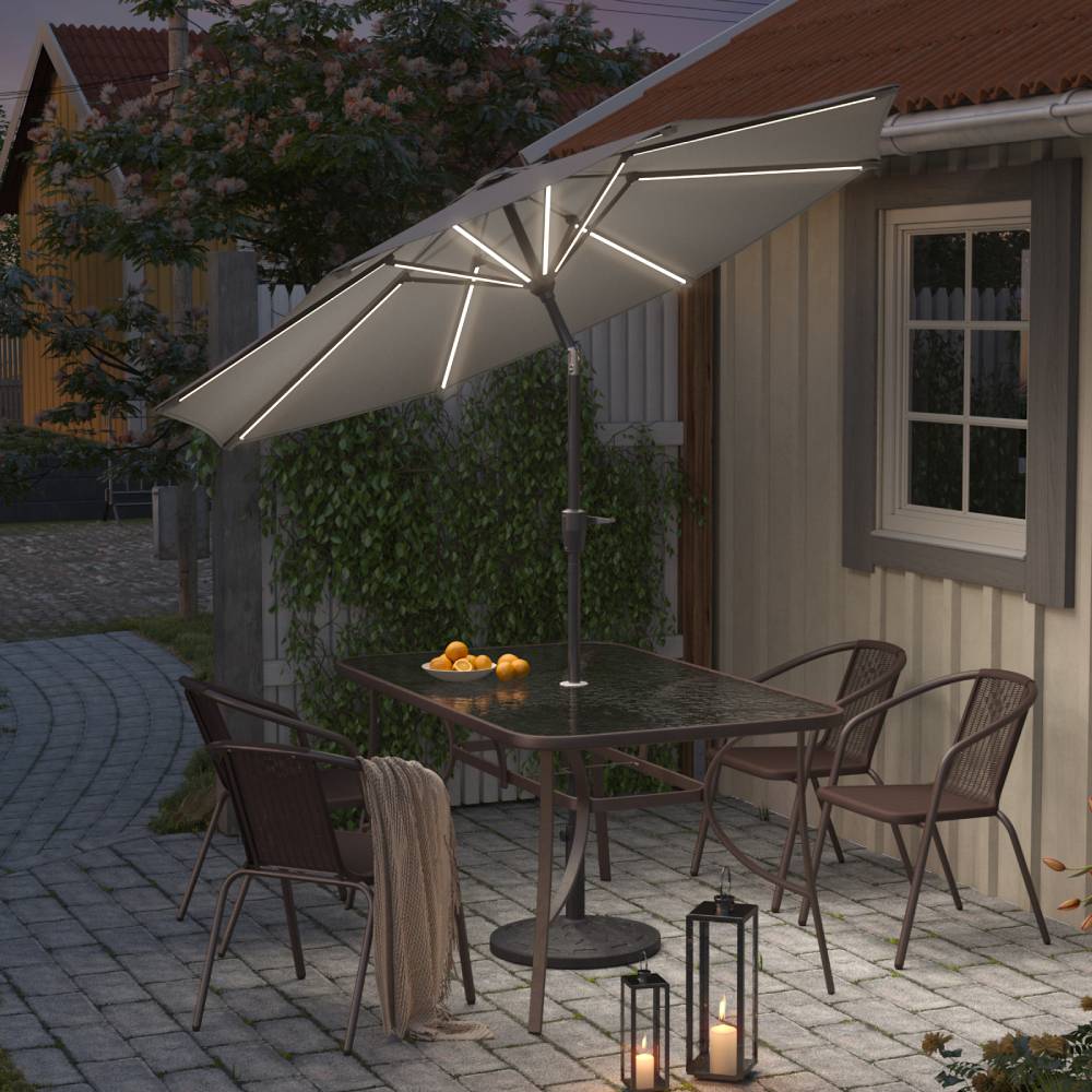 3m Solar Led Patio Umbrella, Outdoor Parasol With 16 Led Tubes, Crank Lift & Push Button Tilt With Resin Base | One Size | Light Grey