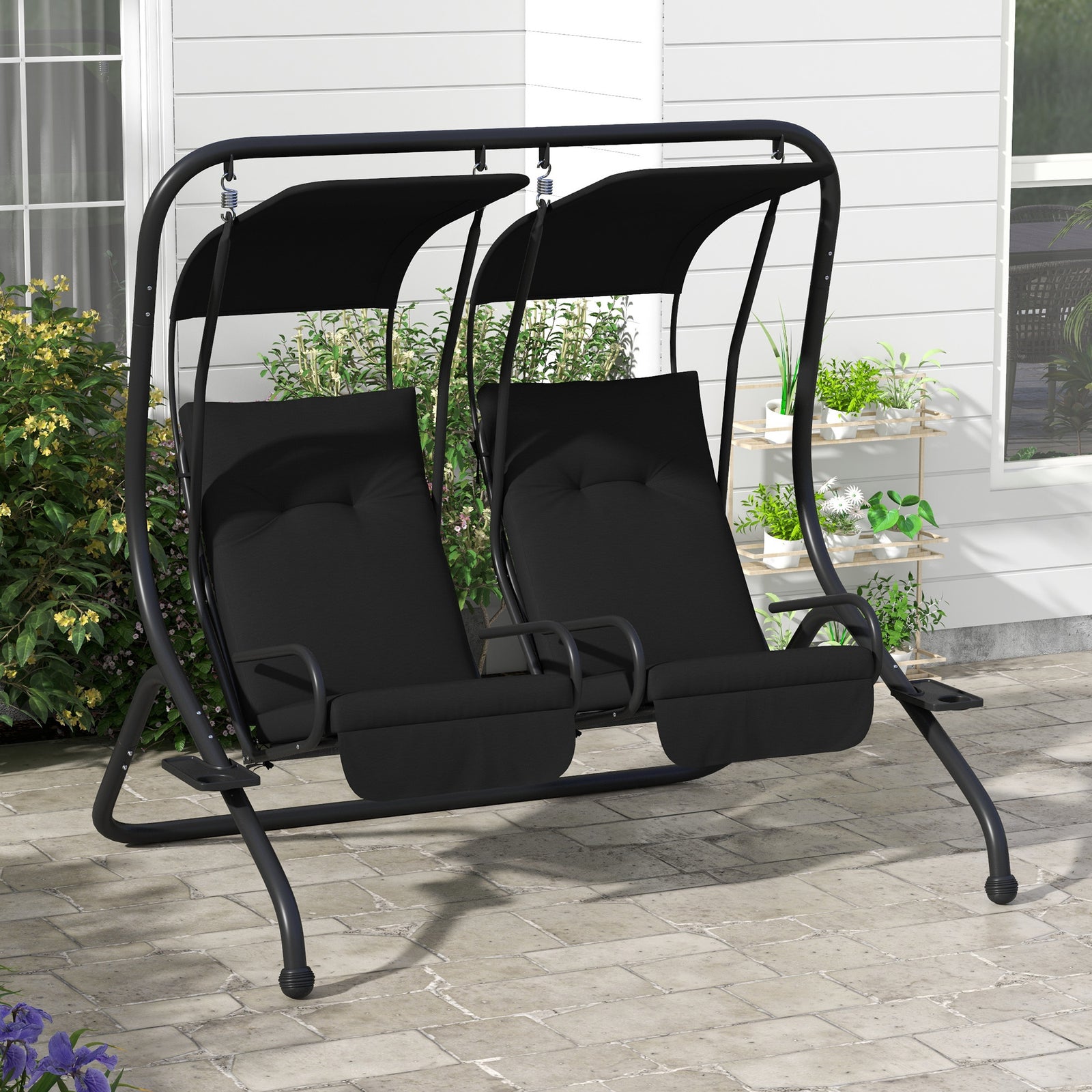 Outsunny Canopy Swing 2 Separate Relax Chairs W/ Handrails, Cup Holders