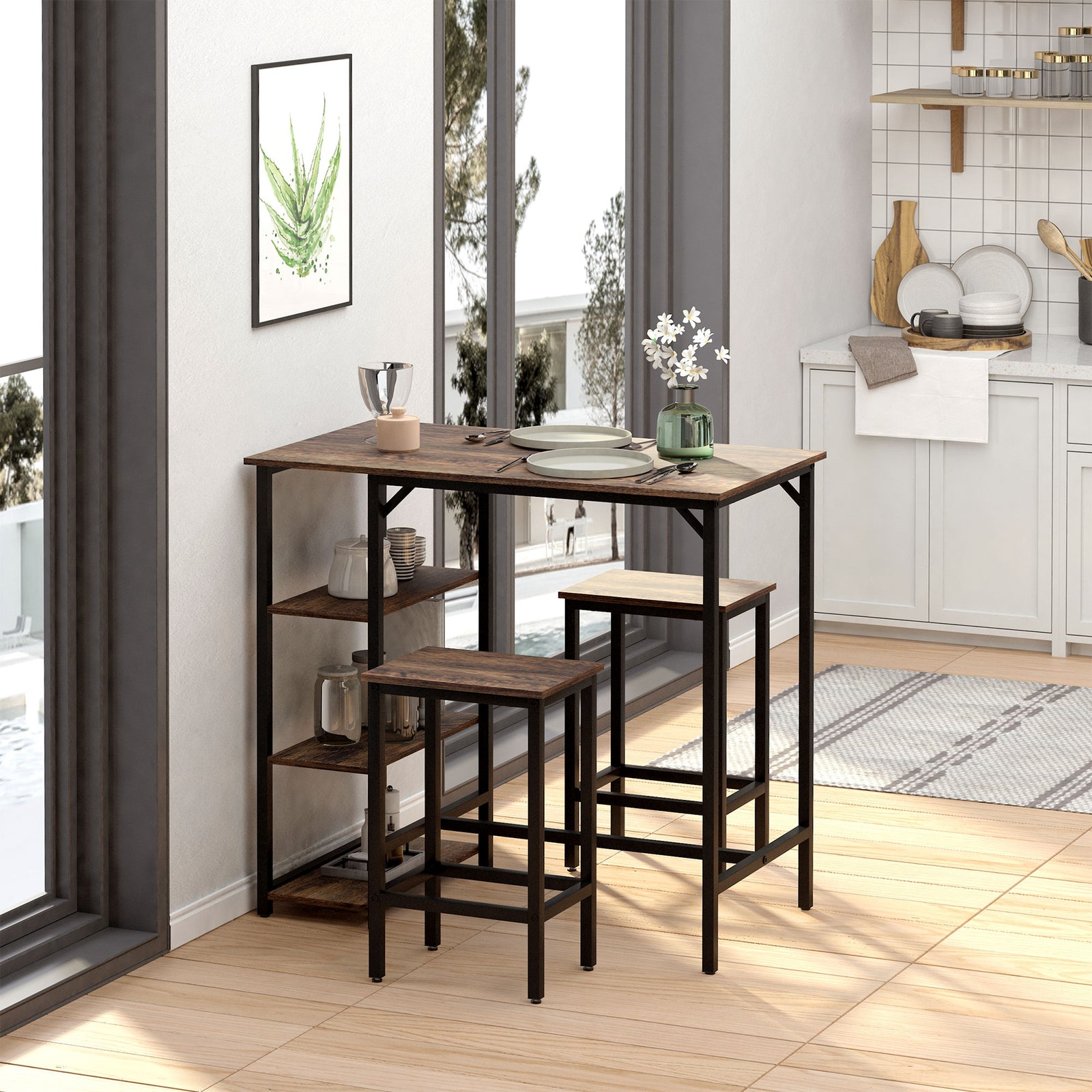 Bar Height Dining Table Set With 2 Stools & Side Shelf