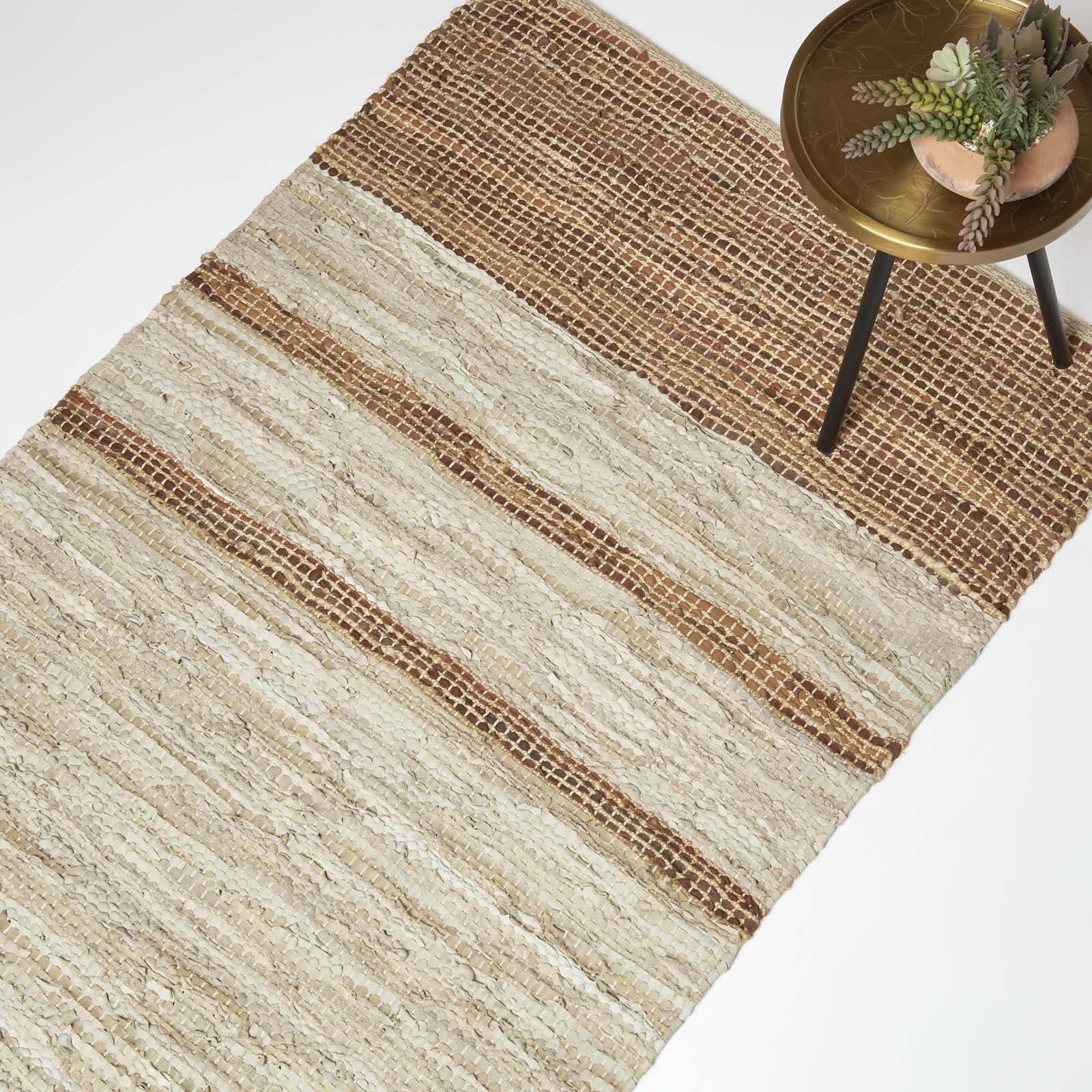 Recycled Leather Handwoven Stripe Rug | 150cm x 220cm | Brown