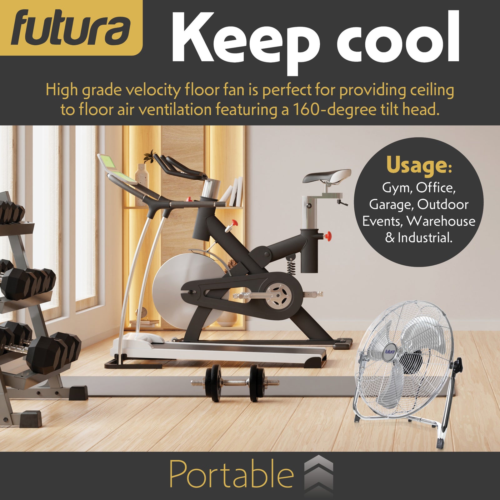 Floor Fan High Velocity Portable Chrome Fan Adjustable 3 Speed Standing Industrial Large Cooling Metal Gym Fan | 16" | Silver