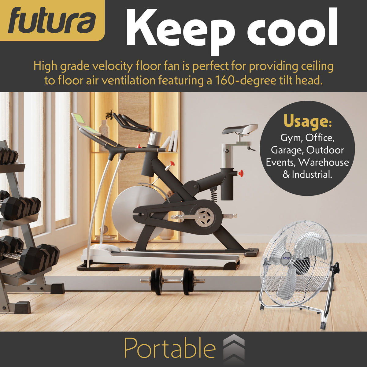 Floor Fan High Velocity Portable Chrome Fan Adjustable 3 Speed Standing Industrial Large Cooling Metal Gym Fan | 16" | Silver