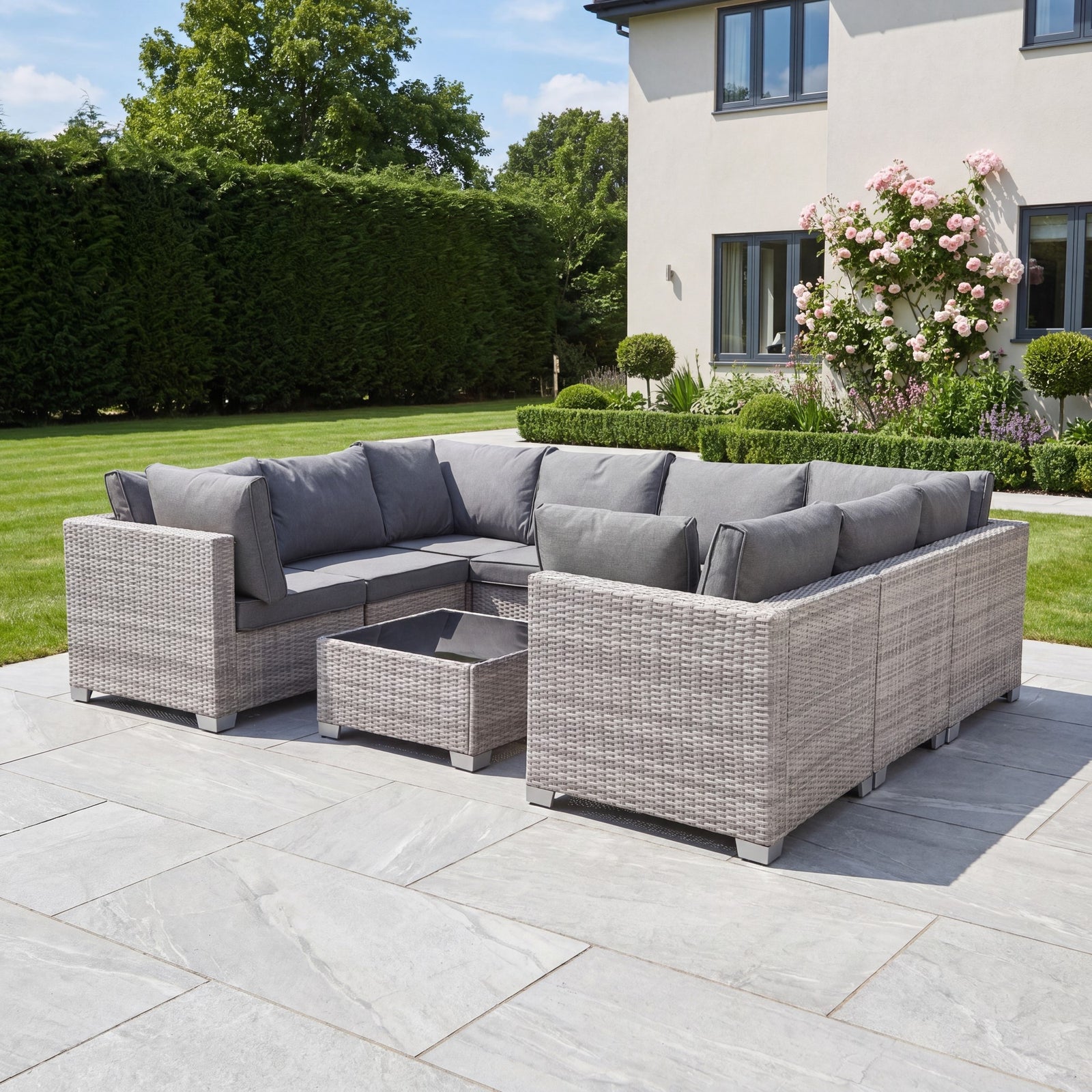 Saviano 8 Seat Modular U-shaped Rattan Corner Set | Grey